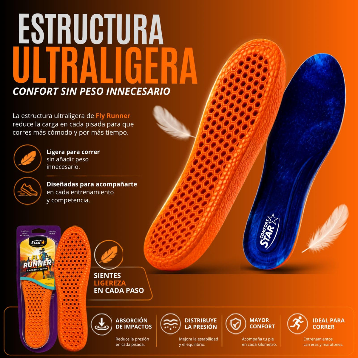 Plantilla Fly Runner Comfort Star Azul Ultraligero con absorción de impactos Tecnología de tracción para Mujeres y Hombres