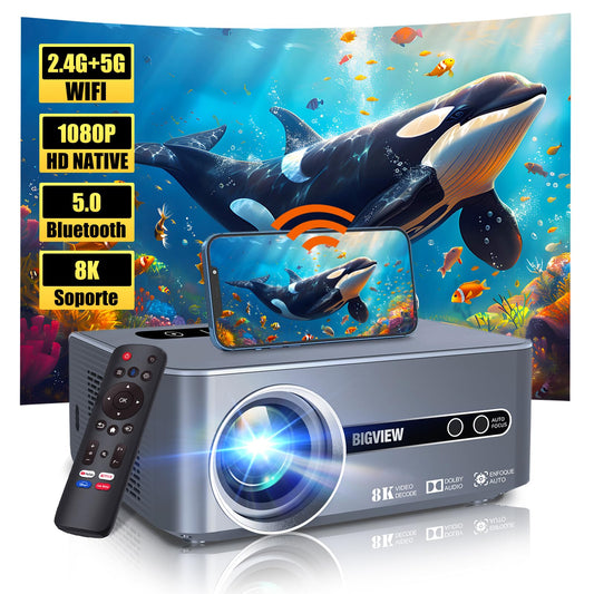 BIGVIEW Proyector 4K Con Enfoque Automático, Bluetooth WiFi 5G, Soporte 8K, 12000 Lúmenes, Portátil Inteligente Con Android 9 Para iOS/Android/PS5/TV Stick