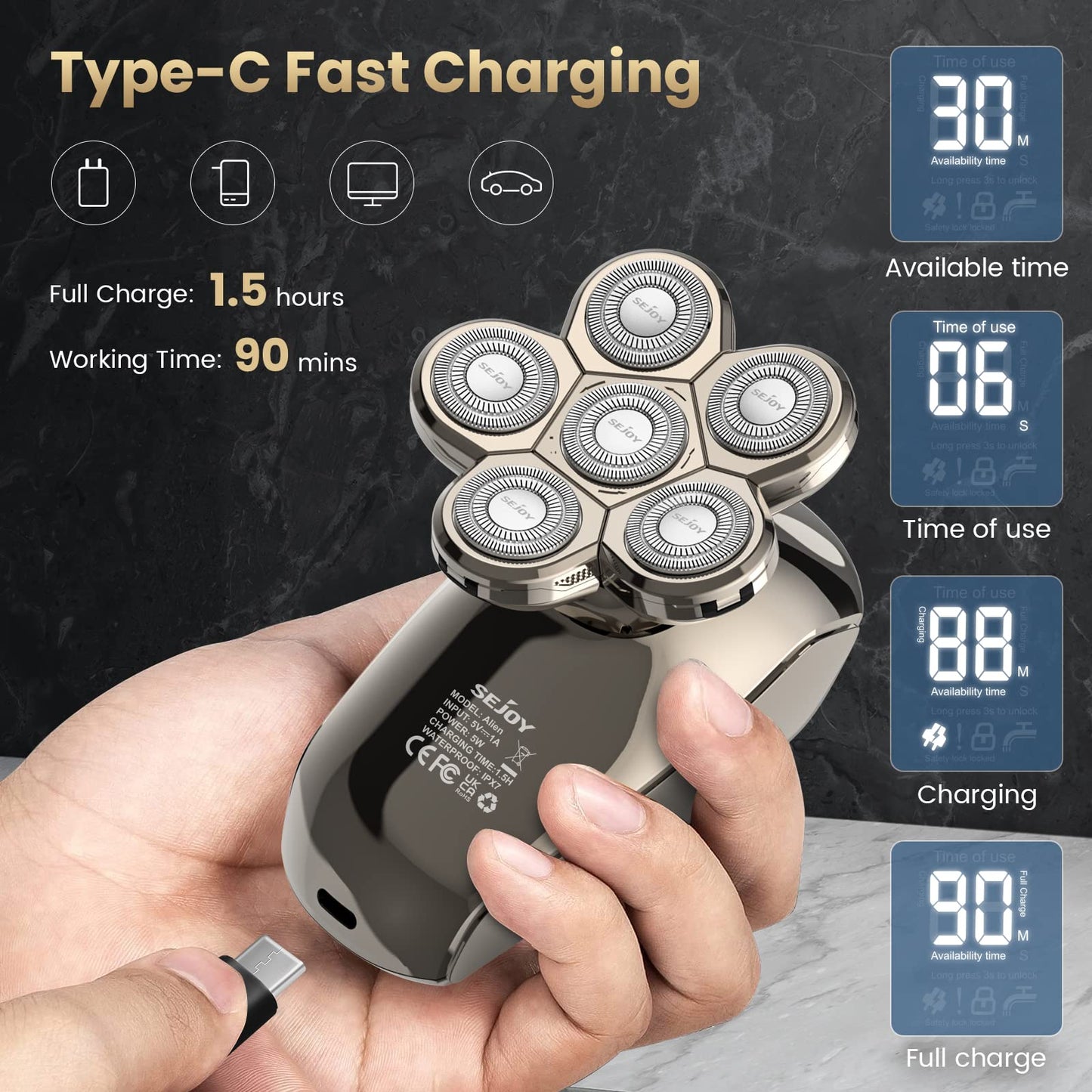 Maquinilla de afeitar eléctrica para hombres calvos, afeitadoras de cabeza calva para hombres 5 en 1 multifuncional 6D afeitadora eléctrica impermeable recharageable kit de aseo