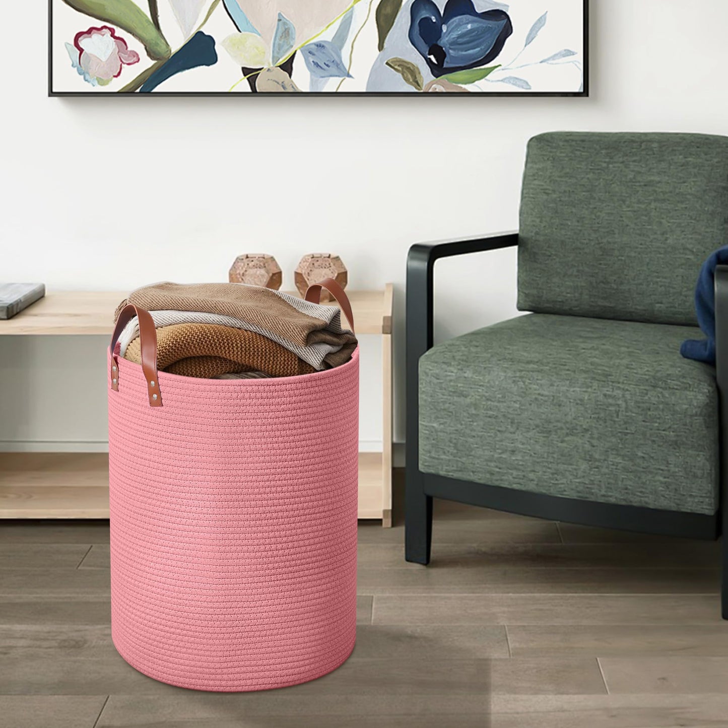 Wymulot - Cesta grande de cuerda de 80 l, cesta de almacenamiento de cuerda tejida con asas de piel, cesta de almacenamiento de juguetes para perros, recámara, almacenamiento de manta de guardería,