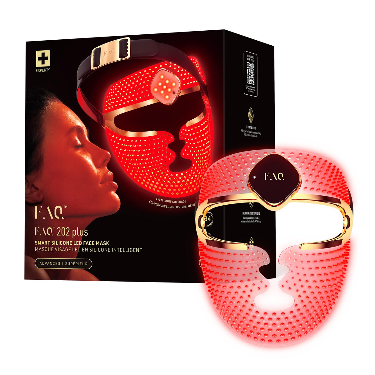 FAQ 202 Plus Mascara LED Facial Antiedad Avanzada de 8 Colores – Luz Roja e Infrarroja Cercana – Máscara Inalámbrica con 634 Puntos de Luz para Luminosidad, Firmeza y Cuidado Facial Completo