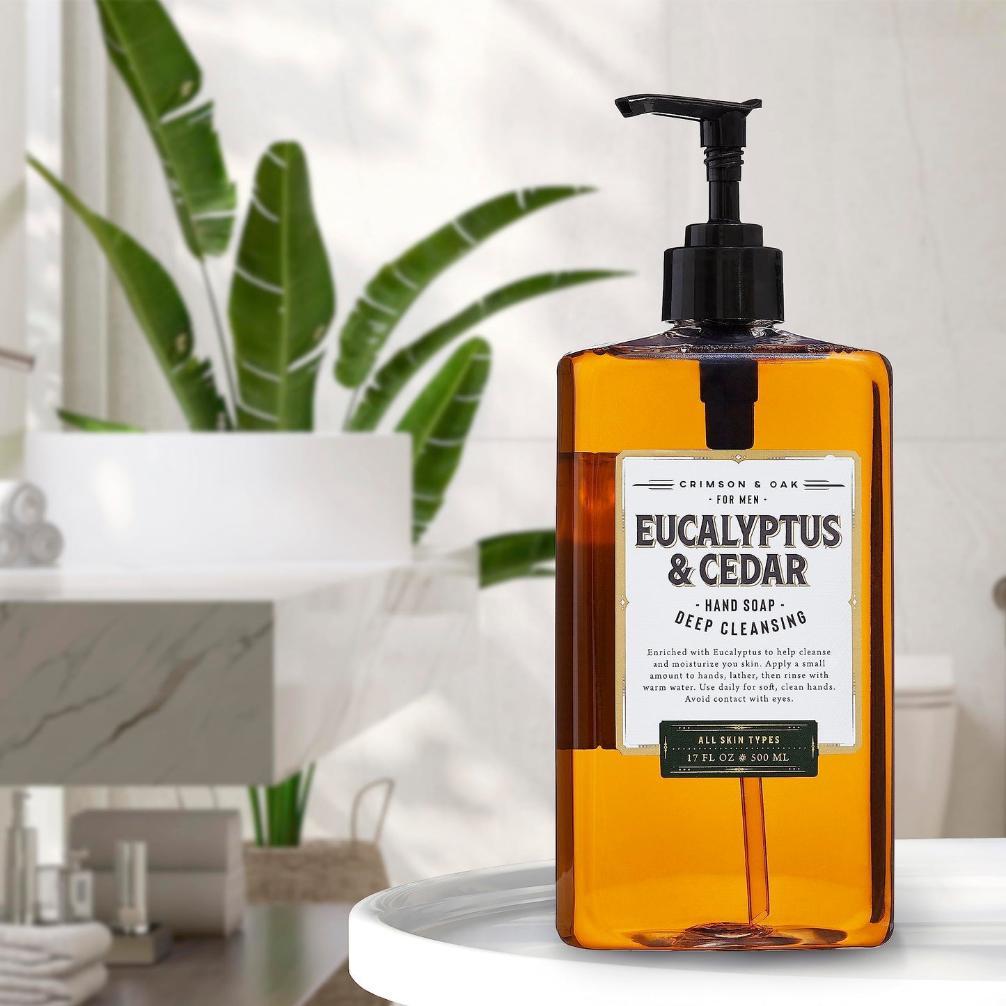 Body Prescriptions- Jabón de manos de limpieza profunda para hombres Crimson & Oak con dispensador de bomba, 17 onzas líquidas (paquete de 4), eucalipto y