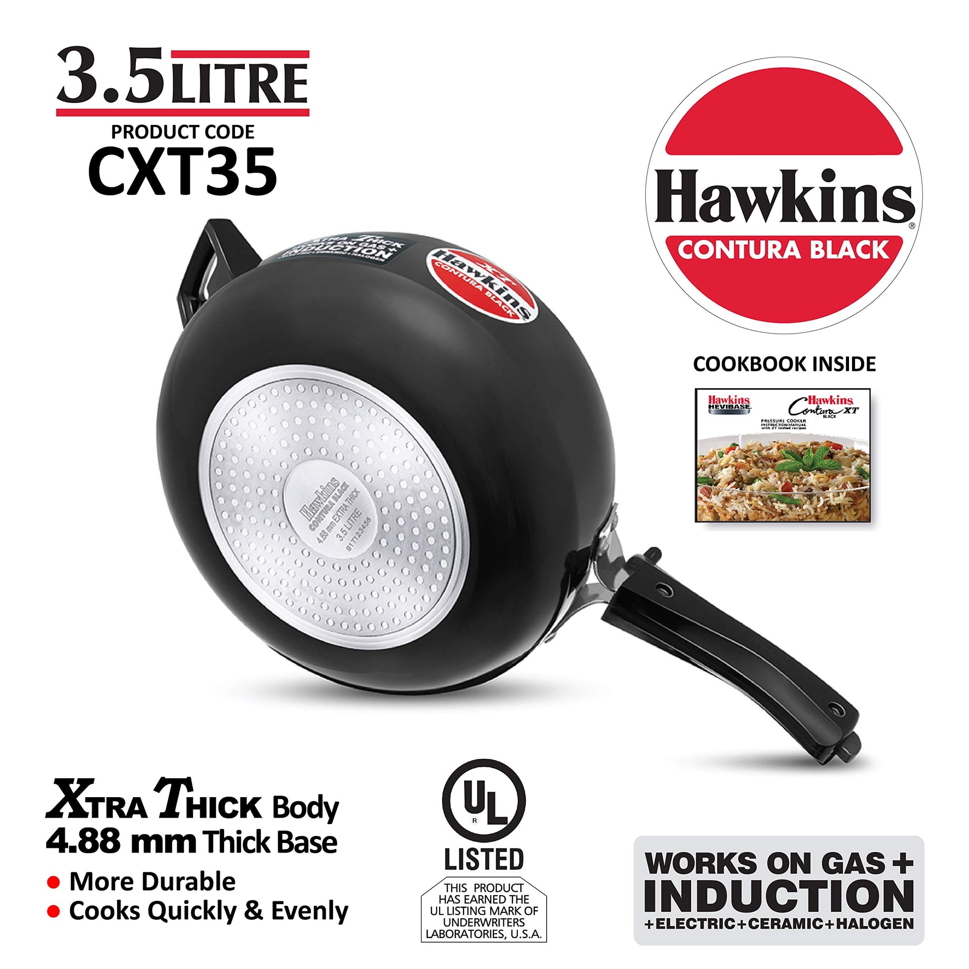 Hawkins - olla de presión Contura con base extra gruesa anodizada dura para inducción, 3,5 L (negro)