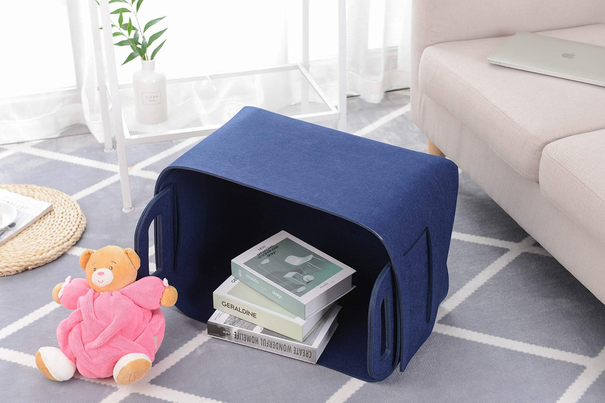 Cesta de almacenamiento de fieltro plegable y conveniente organizador con asas de transporte para oficina, recámara, clóset, bebé, juguetes de guardería, ropa (azul marino, 18.9 pulgadas de largo x