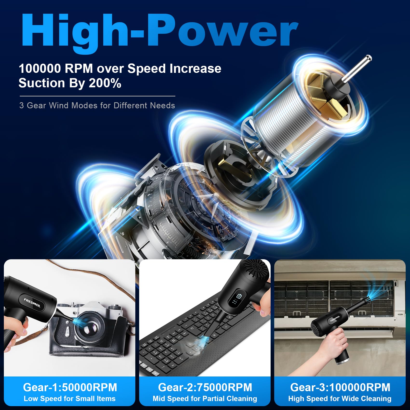 Duster-3 Gear - Plumero Eléctrico Ajustable de 100000 RPM Con Luz LED, Soplador Inalámbrico Recargable para Teclado y Dispositivos Eléctricos de Limpieza, Sustituye a Latas de Aire