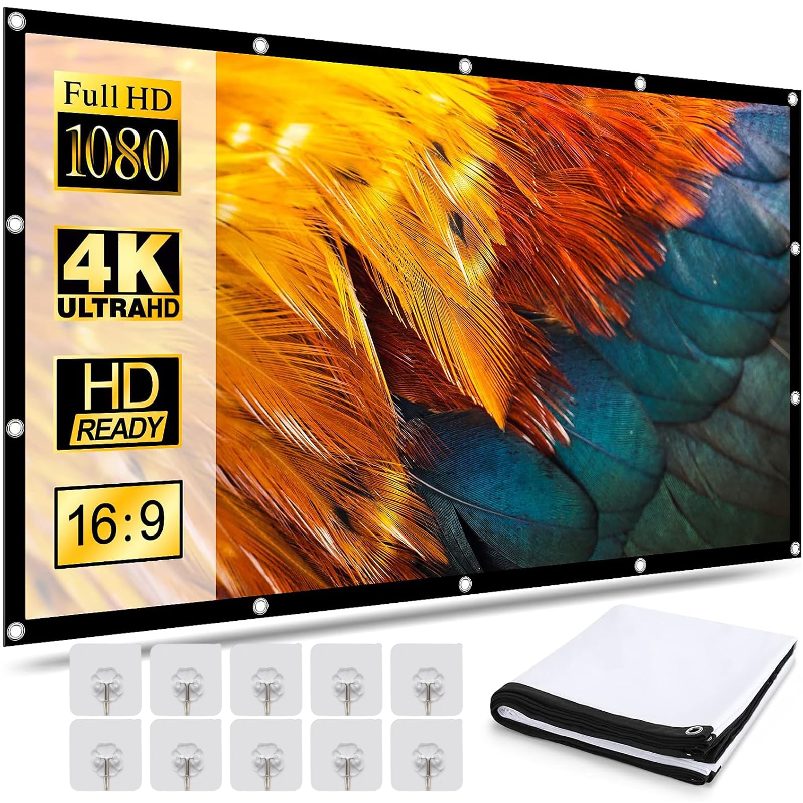 TPOUIDD Visualización de Proyector de 120 Pulgadas, 16:9 HD Pantalla de Proyector Portátil, Antiarrugas y Plegable，Adecuada para Exteriores, Interiores, Campamentos y Cine en Casa (120 Pulgadas)