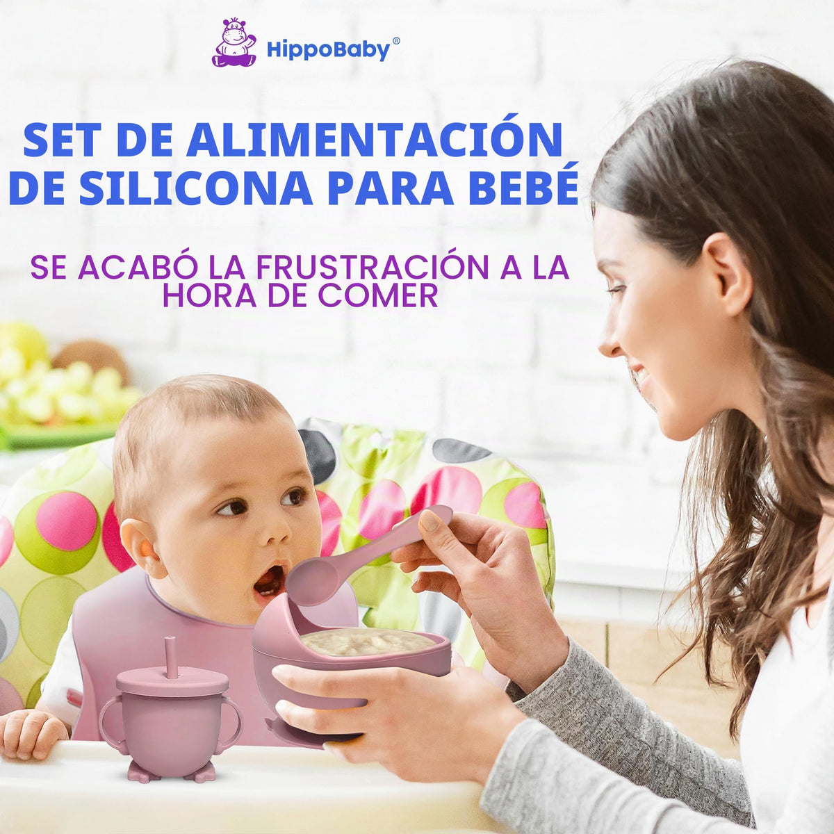 HippoBaby Baby Led Weaning Supplies | 10 Piece Silicone Feeding Set | Baby Toddler Bib Cup Divided Plate and Bowl Self Feeding Spoons Dish Set | Baby Utensils | Toddler Feeding Supplies (Light Pink)