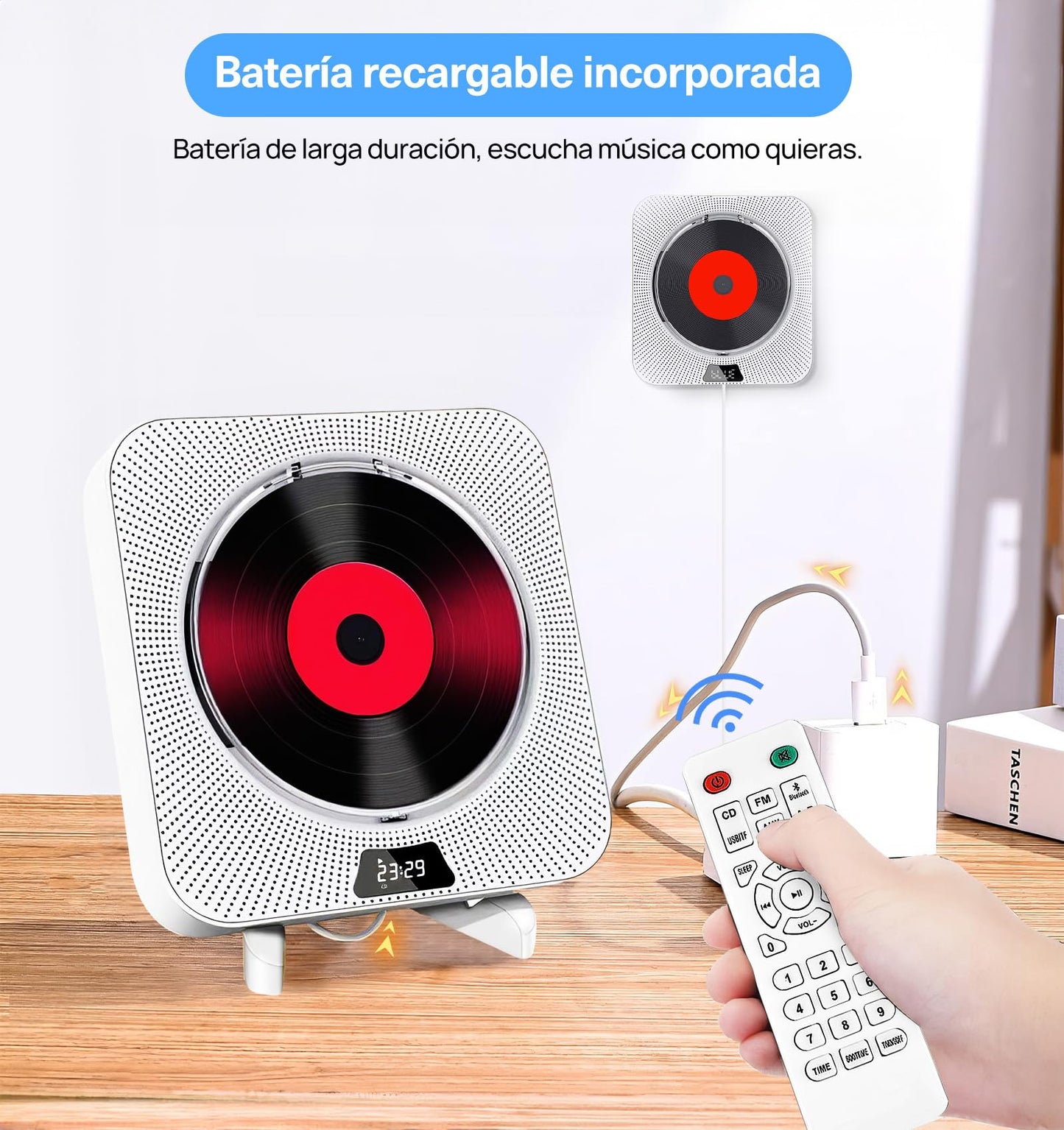 ECYWE Reproductor de CD Portátil Bluetooth,CD Player Montaje en Pared con Control Remoto,Cubierta Contra el Polvo,Pantalla LCD,Altavoces HiFi Integrados,Radio FM,Soporte CD/MP3/USB/AUX, Entrada Salida
