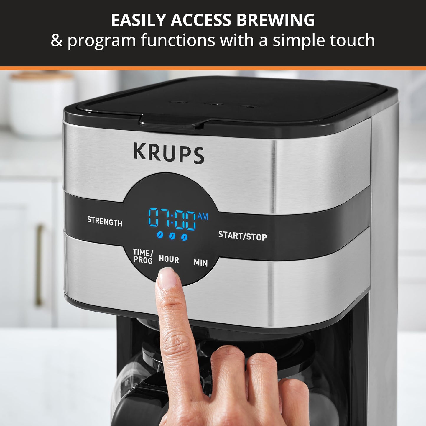 KRUPS Cafetera Simply Brew para 10 tazas de café con filtro permanente lavable con sistema antigoteo, función para mantener caliente el café. Incluye cuchara dosificadora KM205D50