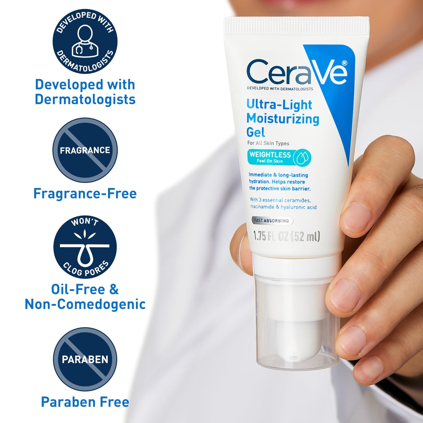 CeraVe- Gel hidratante ultraligero | Gel hidratante facial con ceramidas, niacinamida y ácido hialurónico