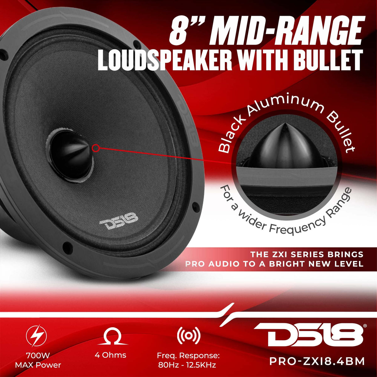 Altavoz de Audio para Coche DS18 Negro 8 Pulgadas Rango Medio 700 Vatios 4 Ohmios