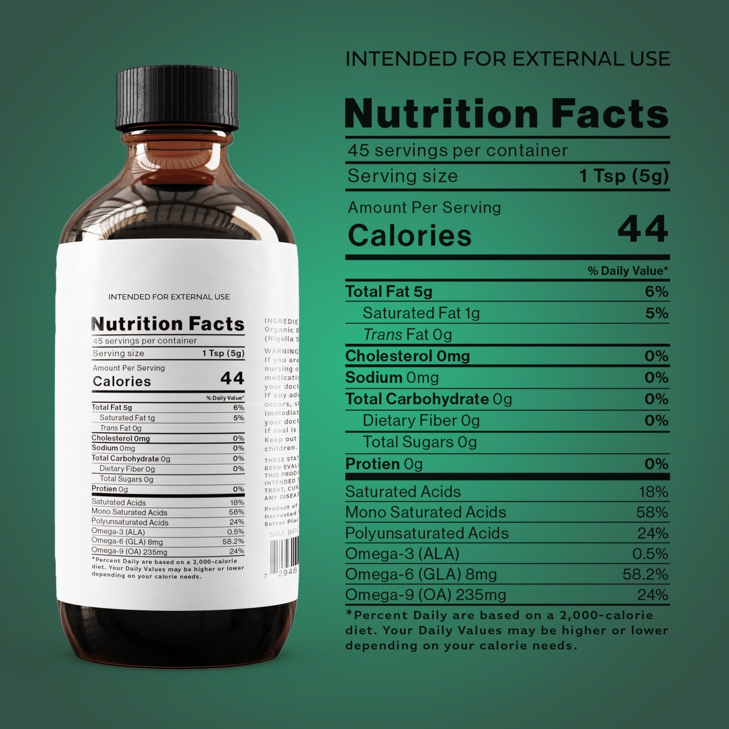 BETTER PLACE ORGANICS- Aceite de semilla negra orgánico | Líquido puro 100% virgen prensado en frío | Súper antioxidante | Uso externo en