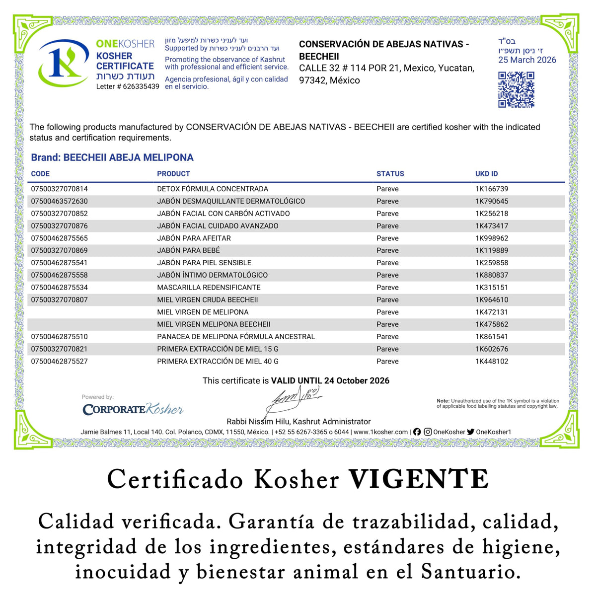 Beecheii Abeja Melipona Mascarilla Redensificante KOSHER Para Rostro, Cuello y Escote. Anti-Arrugas, Nutritiva Natural. Elaborada ética y sustentablemente, proveniente de un Santuario de abejas