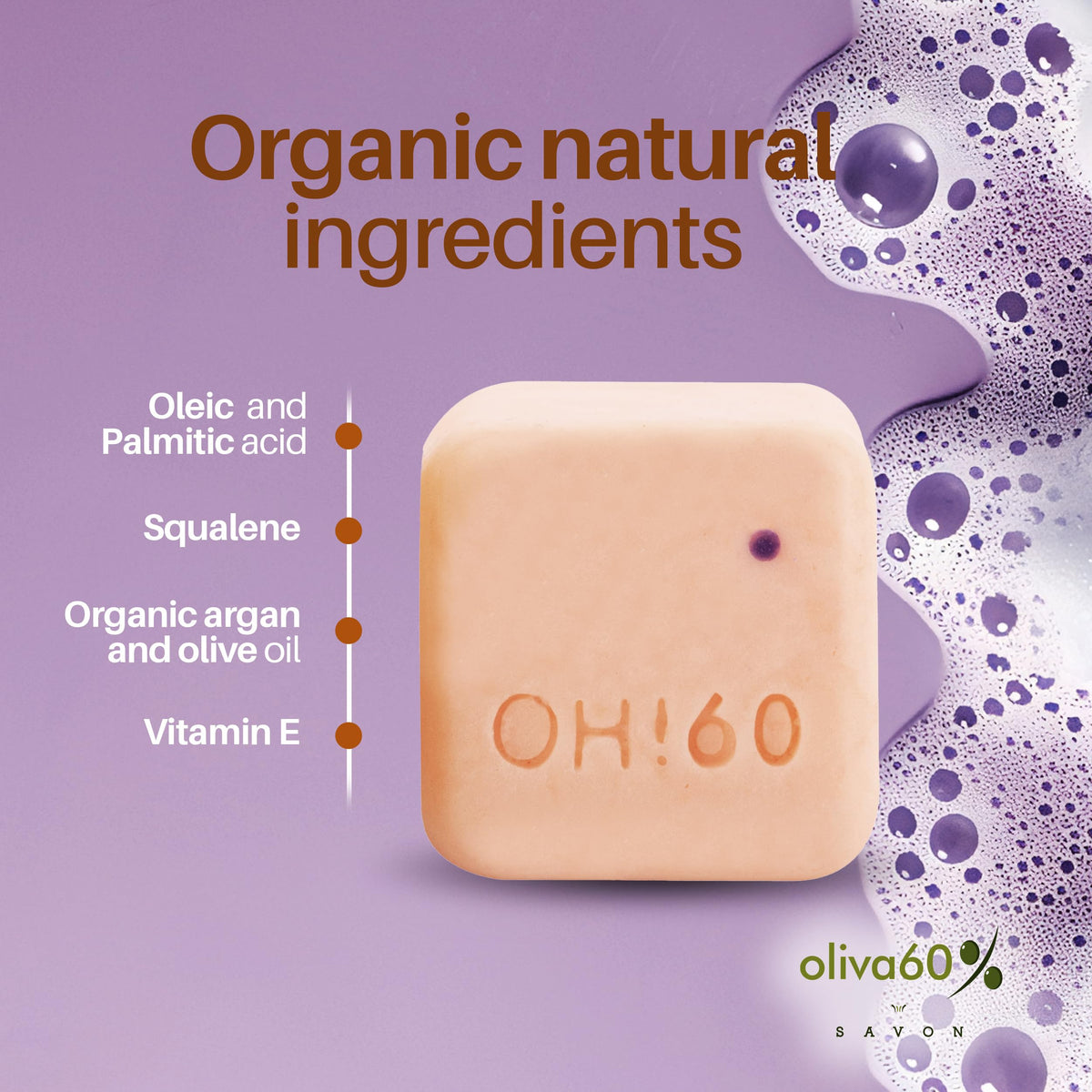Shampoo en barra de Oliva. Oliva60, Sin sulfatos, Con aceite de argán, macadamia, extracto de aloe, provitamina B5. 100 gr. (Wild orange)
