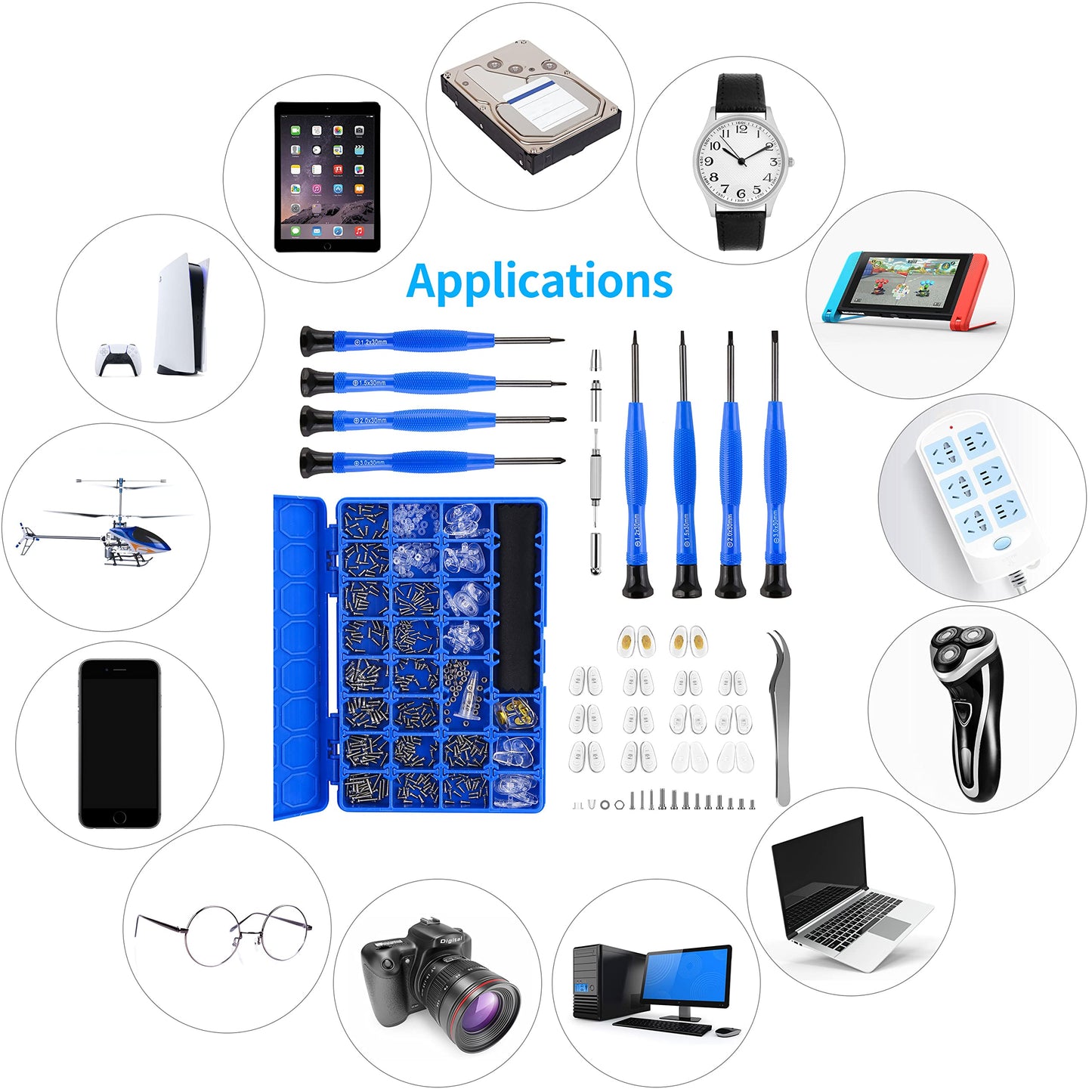 Kit de reparación de vidrio magnético para ojos, kit de herramientas de reparación de gafas con caja de tornillo compacta que incluye almohadillas para la nariz, juego de destornilladores de precisión, tornillos, pinzas para gafas, gafas de sol, reloj de