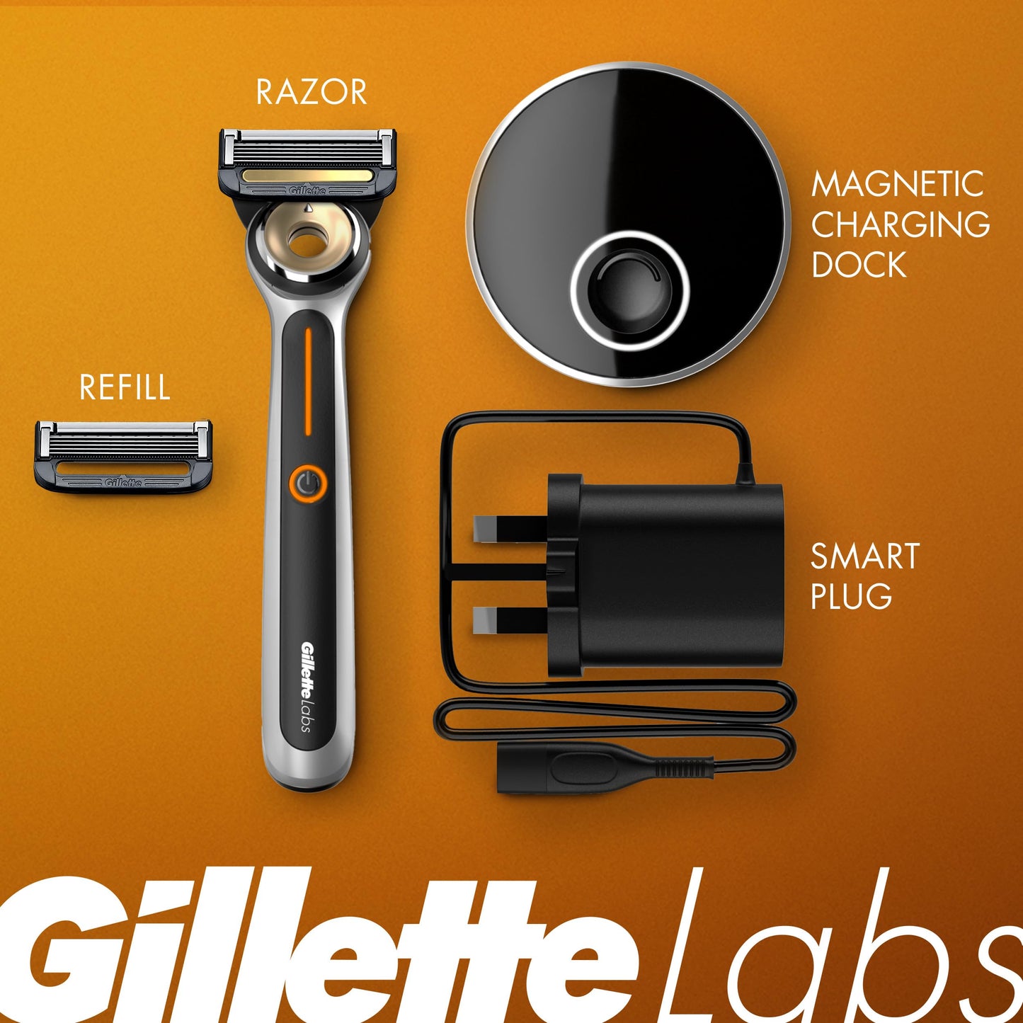 Gillette Labs - Kit de iniciación de maquinilla de afeitar con calefacción, 1 asa, 2 recambios de cuchilla, 1 base de carga, negro y plata, juego de 4 piezas