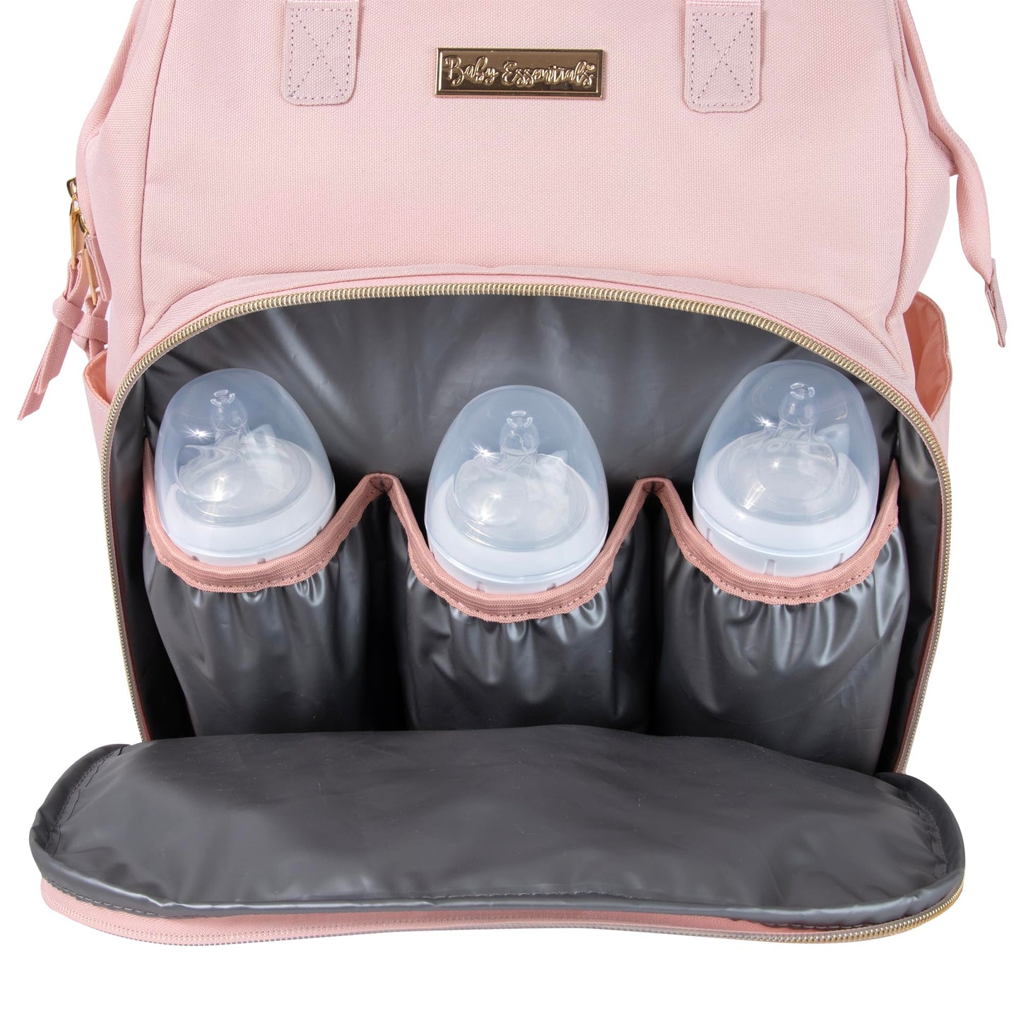 Baby Essentials - Mochila de pañales con marco principal súper enfriadora con cambiador, correas para carriola, compartimento aislado para botellas, Malva rosa, Mediano, Mochila para pañales