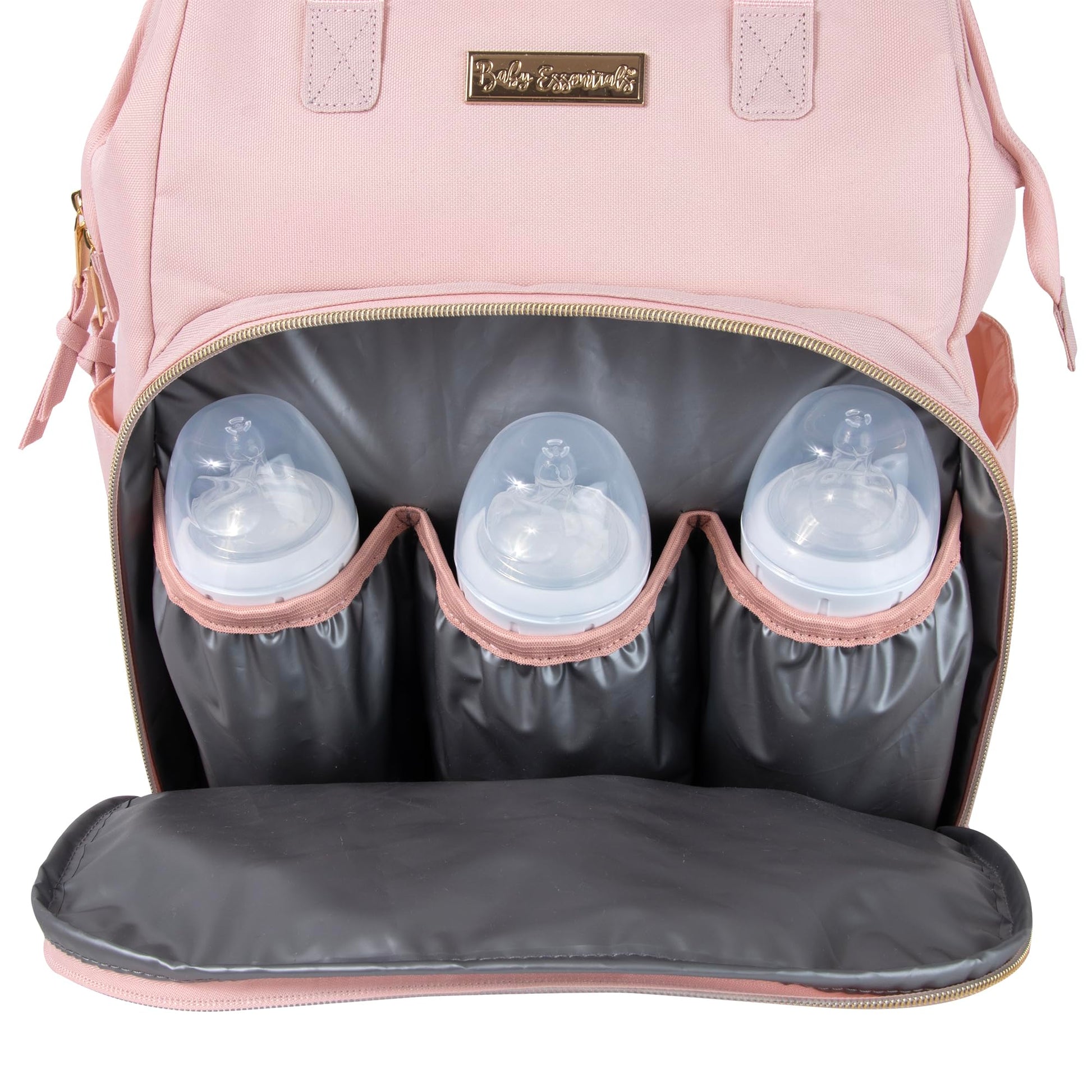 Baby Essentials - Mochila de pañales con marco principal súper enfriadora con cambiador, correas para carriola, compartimento aislado para botellas, Malva rosa, Mediano, Mochila para pañales