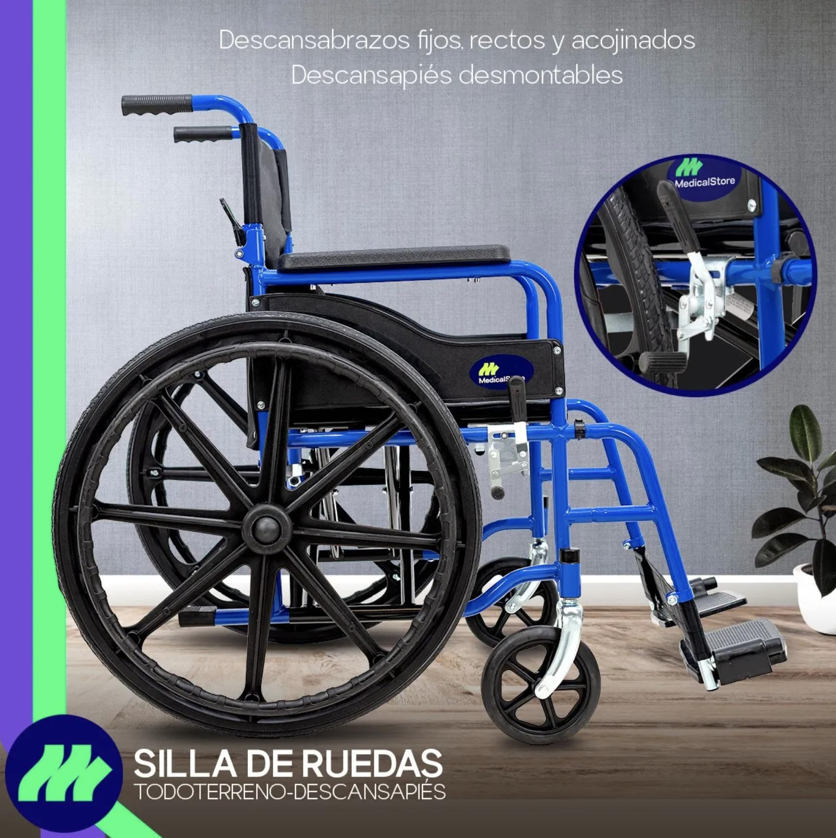 Silla de Ruedas Medical Store Azul Ligera Todo Terreno Plegable para Adulto Mayor