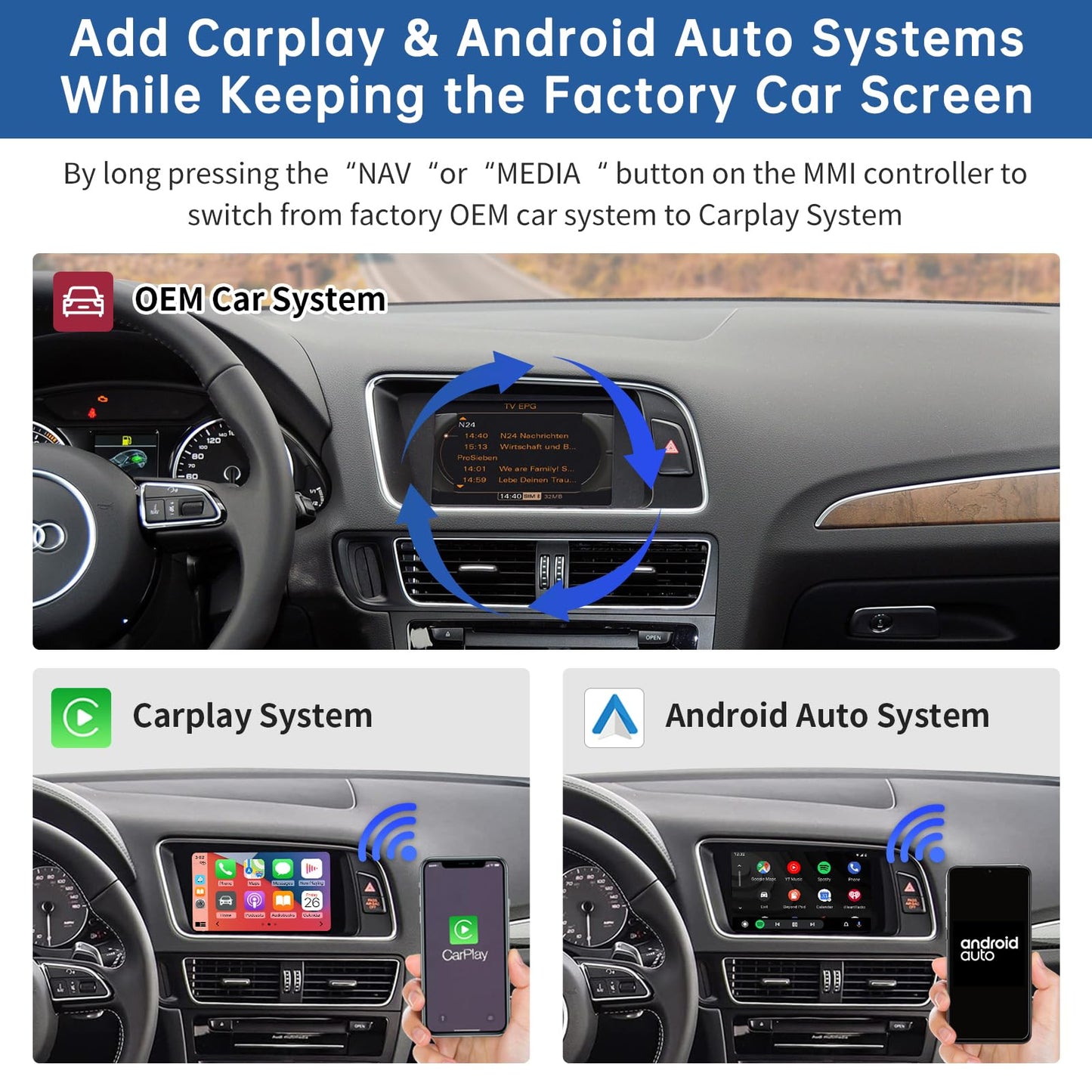 Road Top CarPlay Retrofit Kit para Audi A4 A5 S4 S5 RS4 RS5 Q5 con 3G MMI