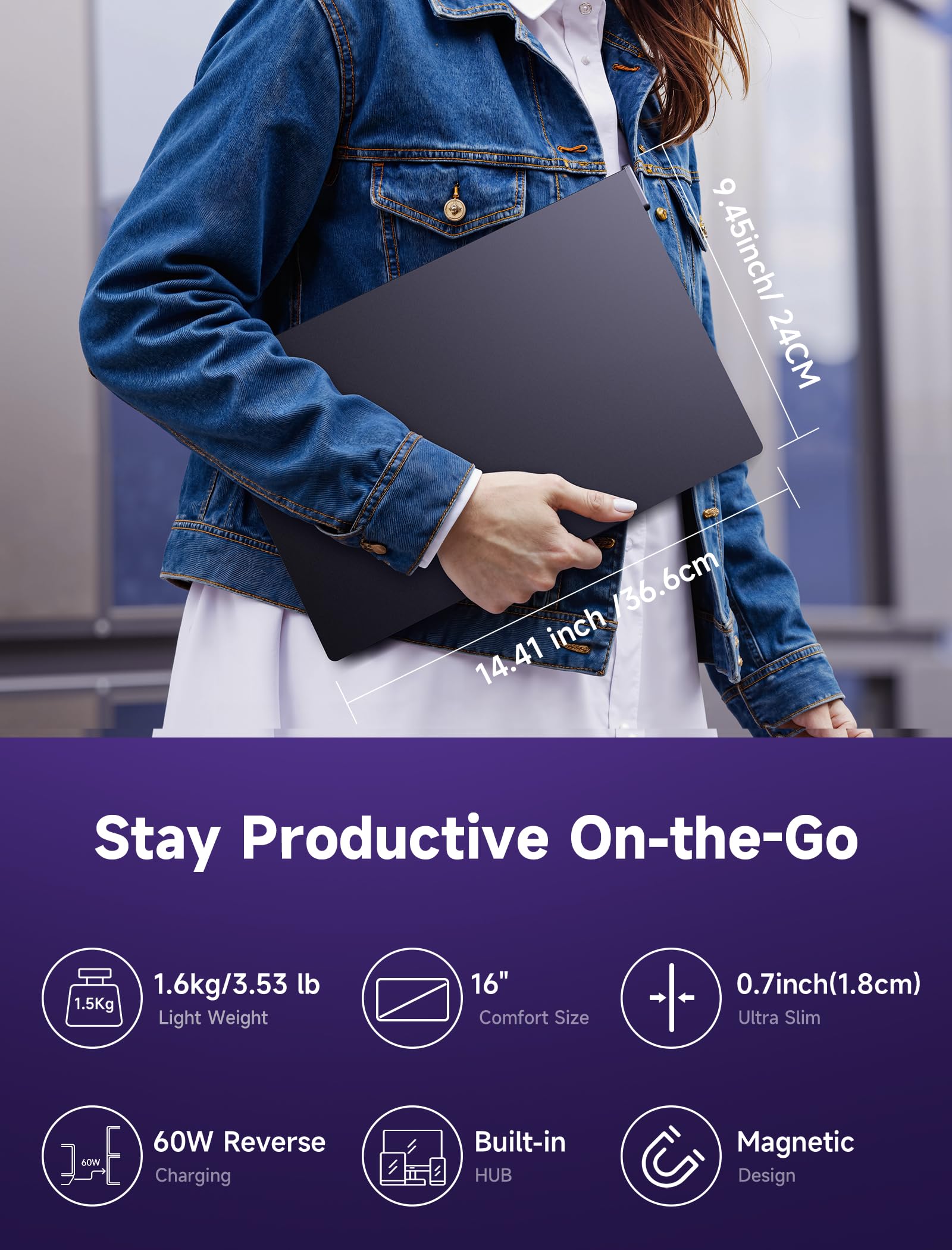 JSAUX FlipGo 16" Pro Monitor Portátil de Doble Pantalla 2.5K, Extensor de Triple Pantalla para Portátiles/DisplayLink/Un Cable para Doble Pantalla IPS/Diseño Magnético para Windows, Linux, MacOS.