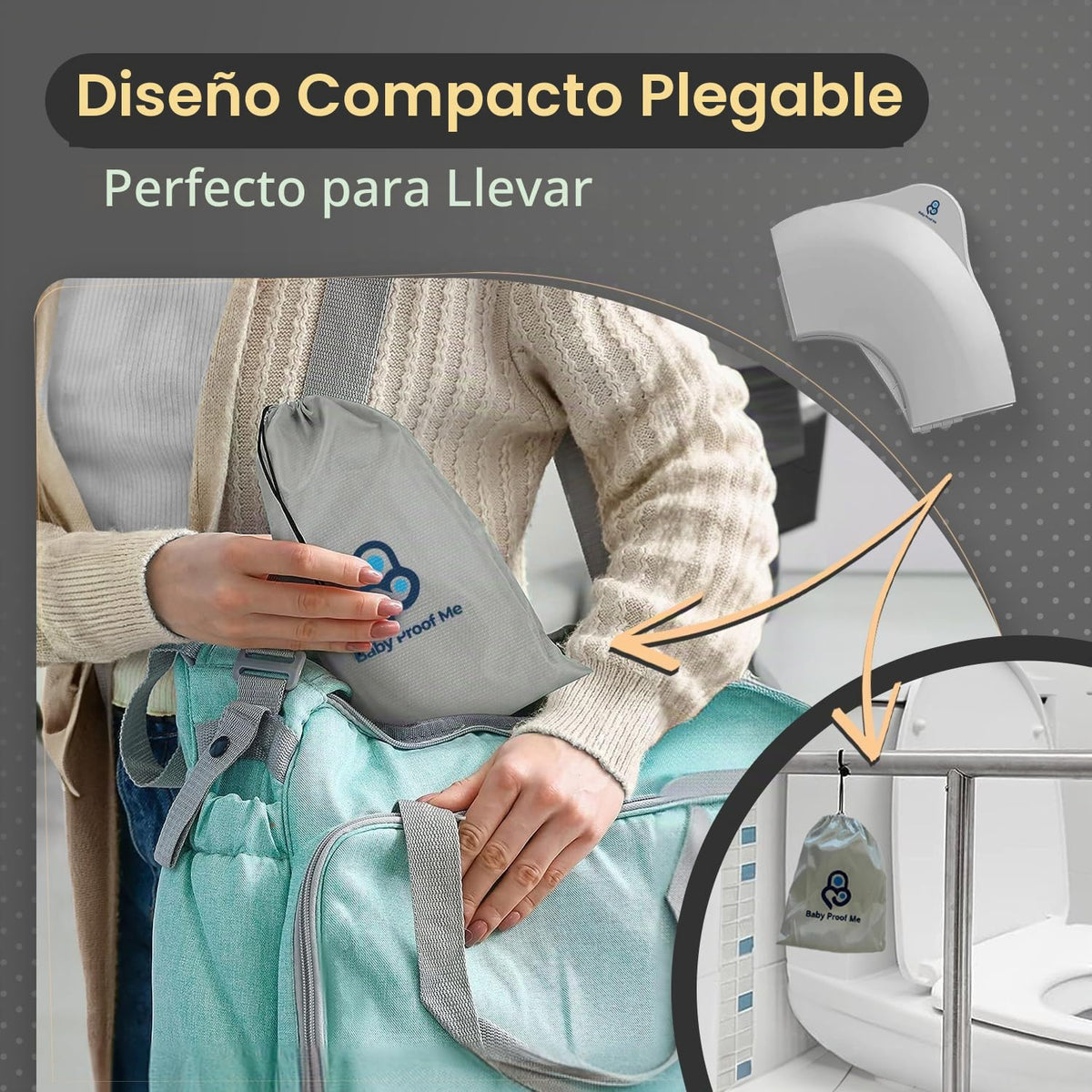 Baby Proof Me Essentials - Asiento de Inodoro para Niños con Protector Contra Salpicaduras, Plegable y Portátil con Bolsa, Asiento de Entrenamiento Antideslizante para Orinal de Viaje (Gris)