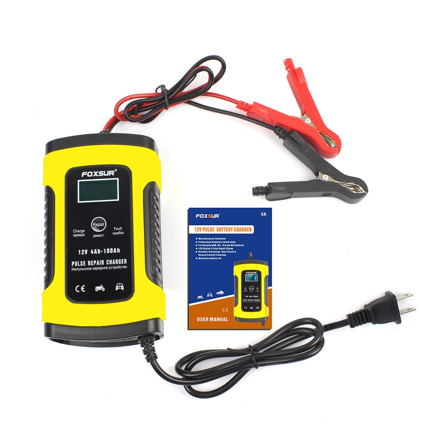 FOXSUR Cargador y mantenedor de batería de coche, 12 V 5 amperios, completamente automático, cargador de batería inteligente con visualización LCD, utilizado para cargar, mantener y reparar baterías