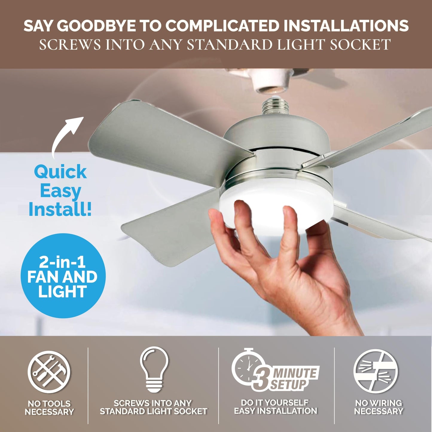 Bell+Howell Socket Breeze Cool Light Deluxe Silver - Ventiladores de techo con luces LED y control remoto, repuesto para foco - recámara, cocina, sala de estar, 1000 lúmenes / 5000 Kelvins