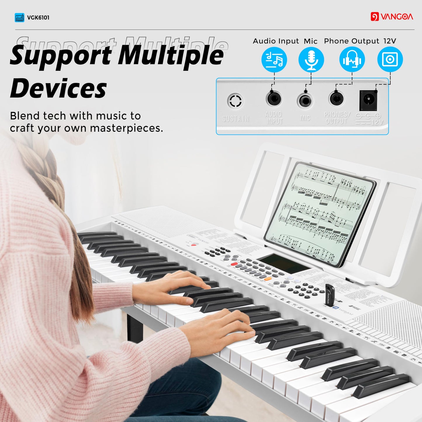 Teclado Piano Eléctrico Vangoa Blanco con 3 Modos de Enseñanza para Principiantes