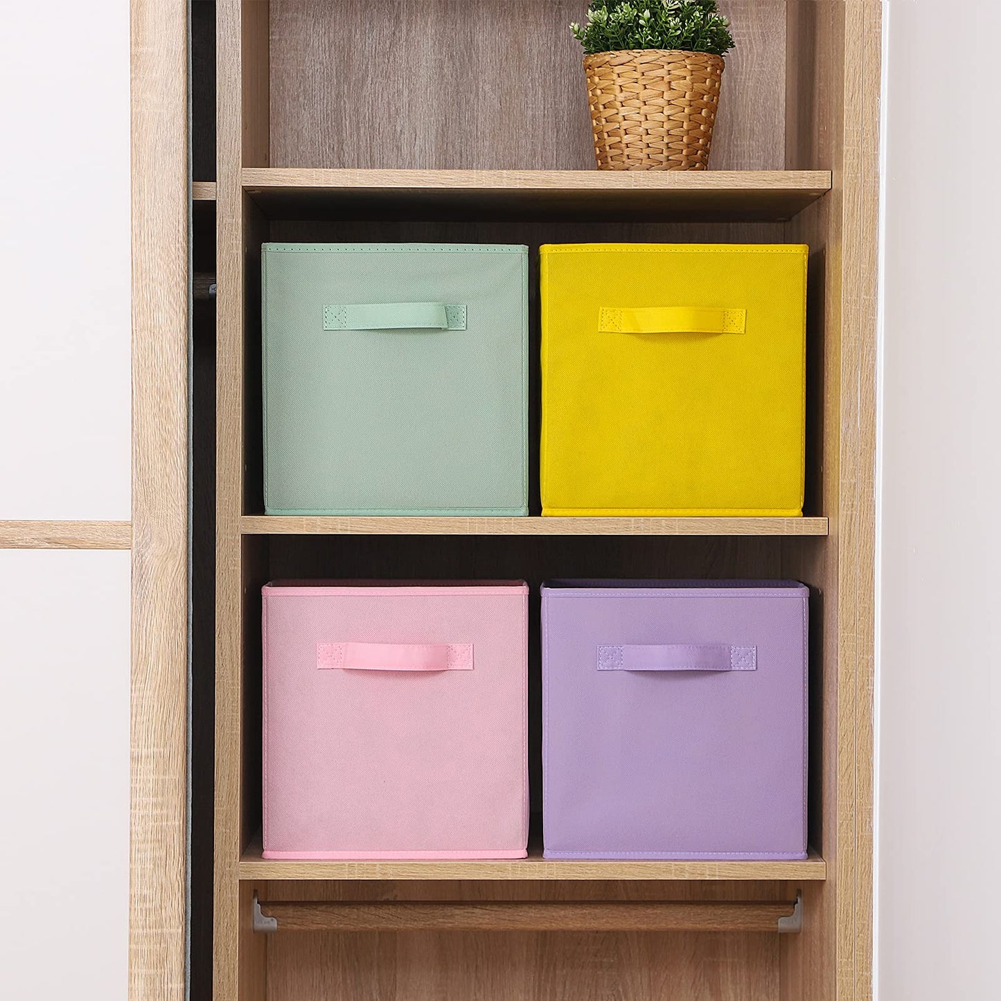 Cubos de almacenamiento Fabric, paquete de 6, cubos de almacenamiento duraderos de colores divertidos con asas, cian, verde, amarillo, morado, rosa y melocotón