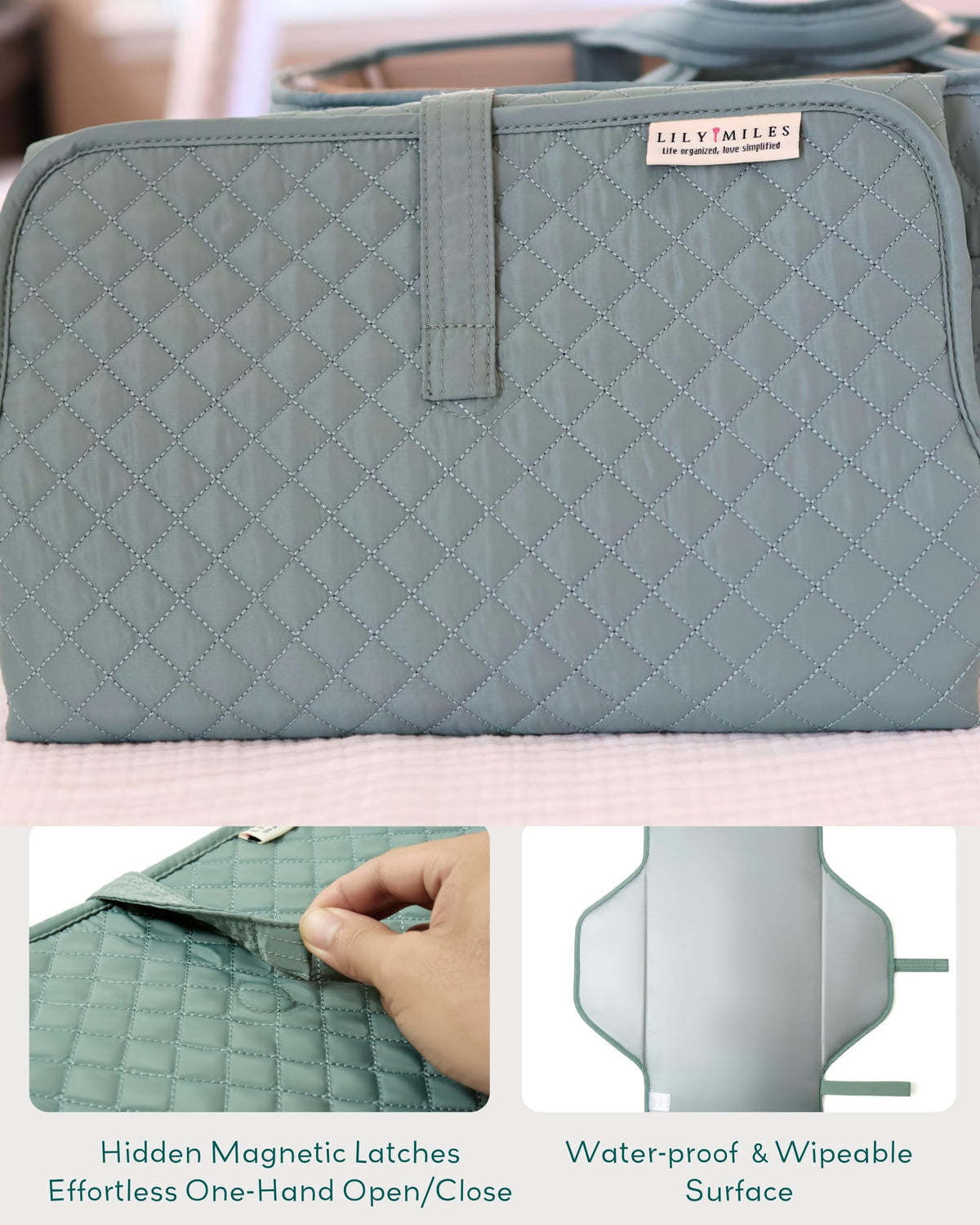 Lily Miles - Cambiador portátil para bebé, cambiador de pañales con cierres magnéticos, almohadilla de viaje para bolsa de pañales, esencial para bebé, tapete lavable e impermeable (verde sauce