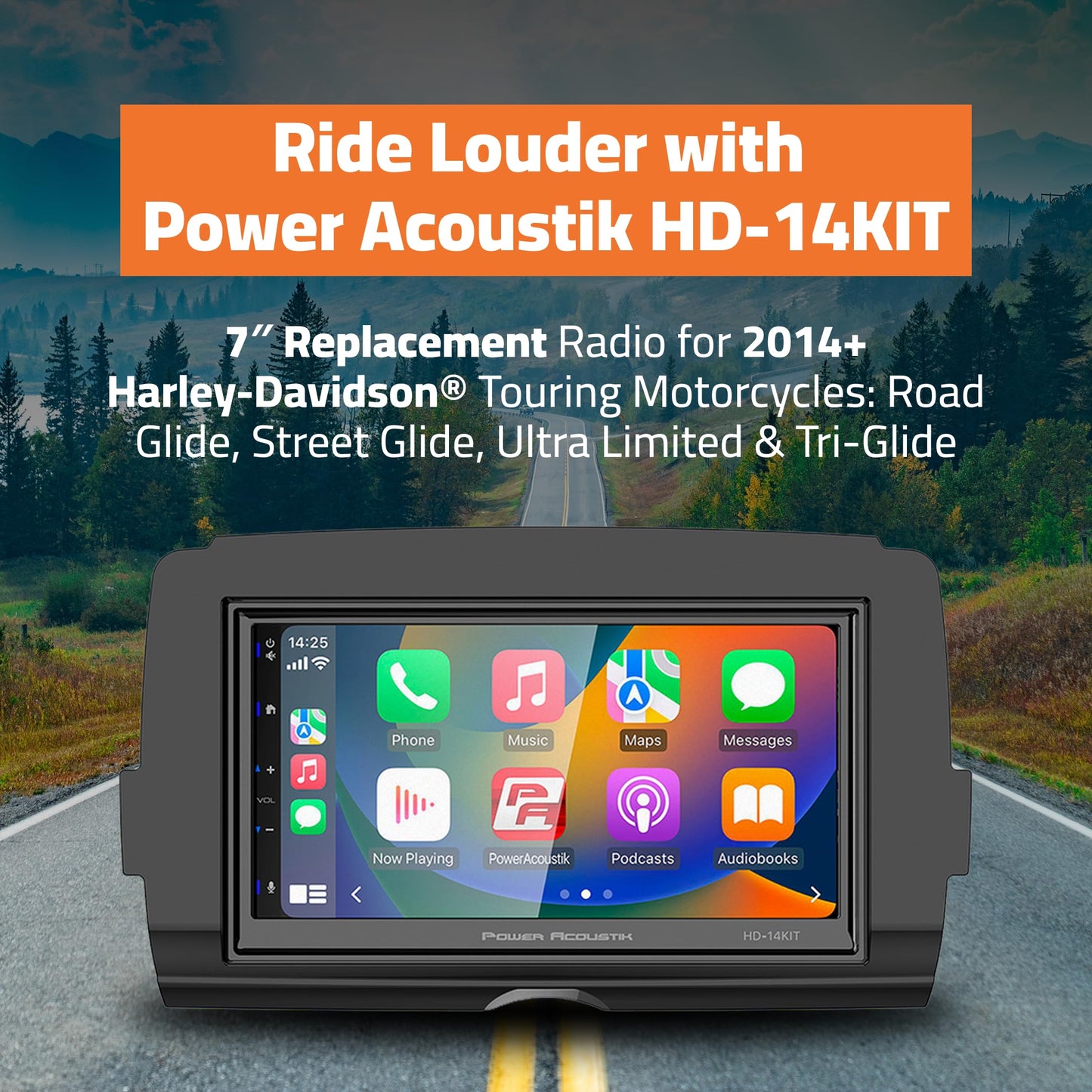Power Acoustik HD-14KIT - Cabezal de Motocicleta de Repuesto de 7 Pulgadas para Motocicletas Harley-Davidson Touring 2014+, visualización táctil Impermeable, Apple Carplay y Android Auto con