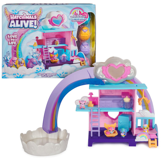 HATCHIMALS Alive, Guardería Arcoiris con 4 Minifiguras en Huevos Que se rompen Solos, 13 Accesorios, Juguetes para niños