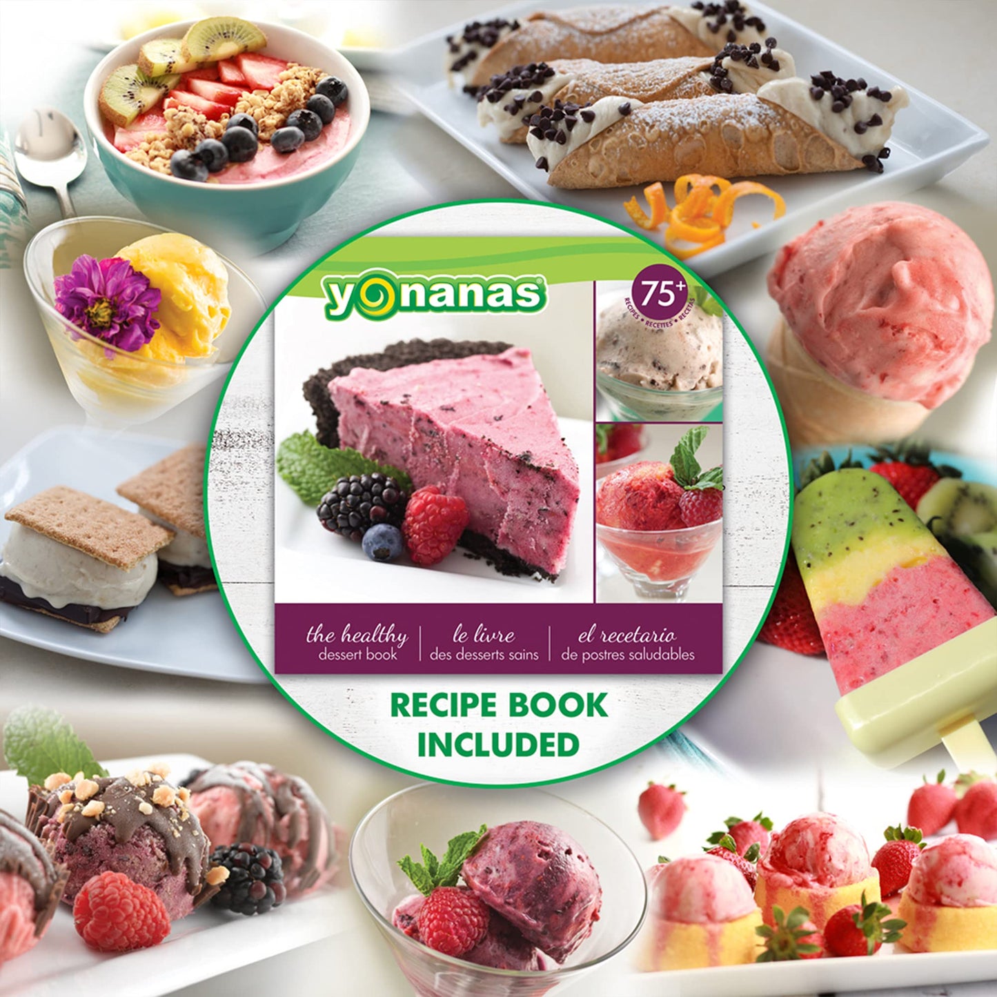 Postres de Fruta Suave Veganos Yonanas Rosa con 75 Recetas y Tecnología sin BPA