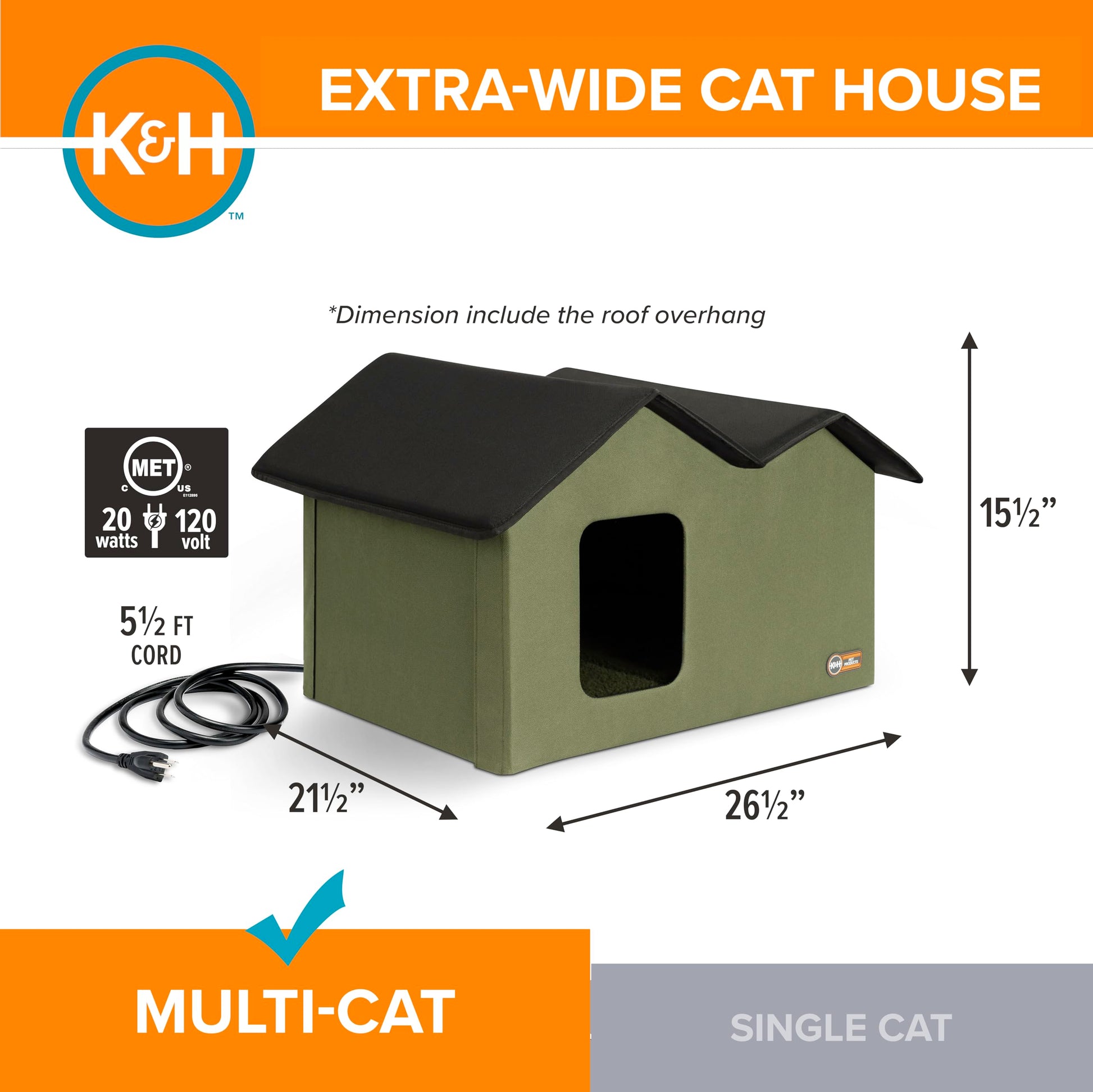 K&H PET PRODUCTS Casa de Gatito climatizada al Aire Libre Extra Ancha Verde Oliva 66.5 x 15.5 x 21.5 Pulgadas