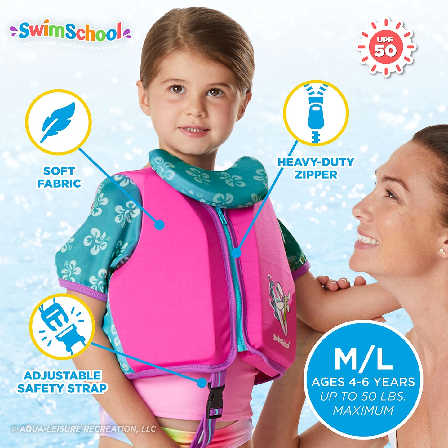Chaleco de Entrenamiento SwimSchool Rosa Aqua con Mangas UPF50 y Correa Ajustable para Mujer