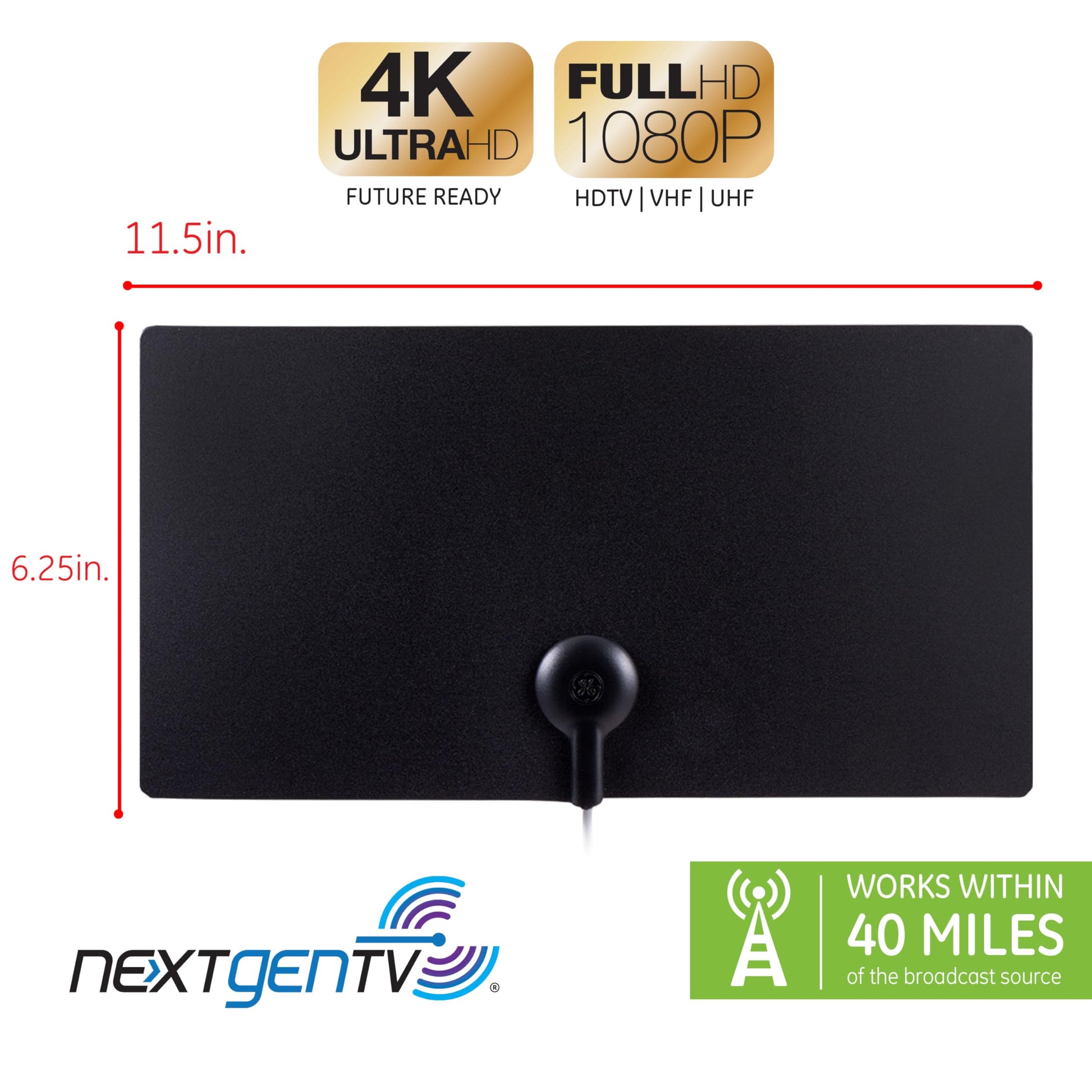GE Antena de TV Interior Ultra Edge, Negro, Blanco, 4K 1080P VHF UHF, Antena de Largo Alcance, Digital, Antena HDTV, Compatible con Smart TV, Cable coaxial de 6 pies, 11264