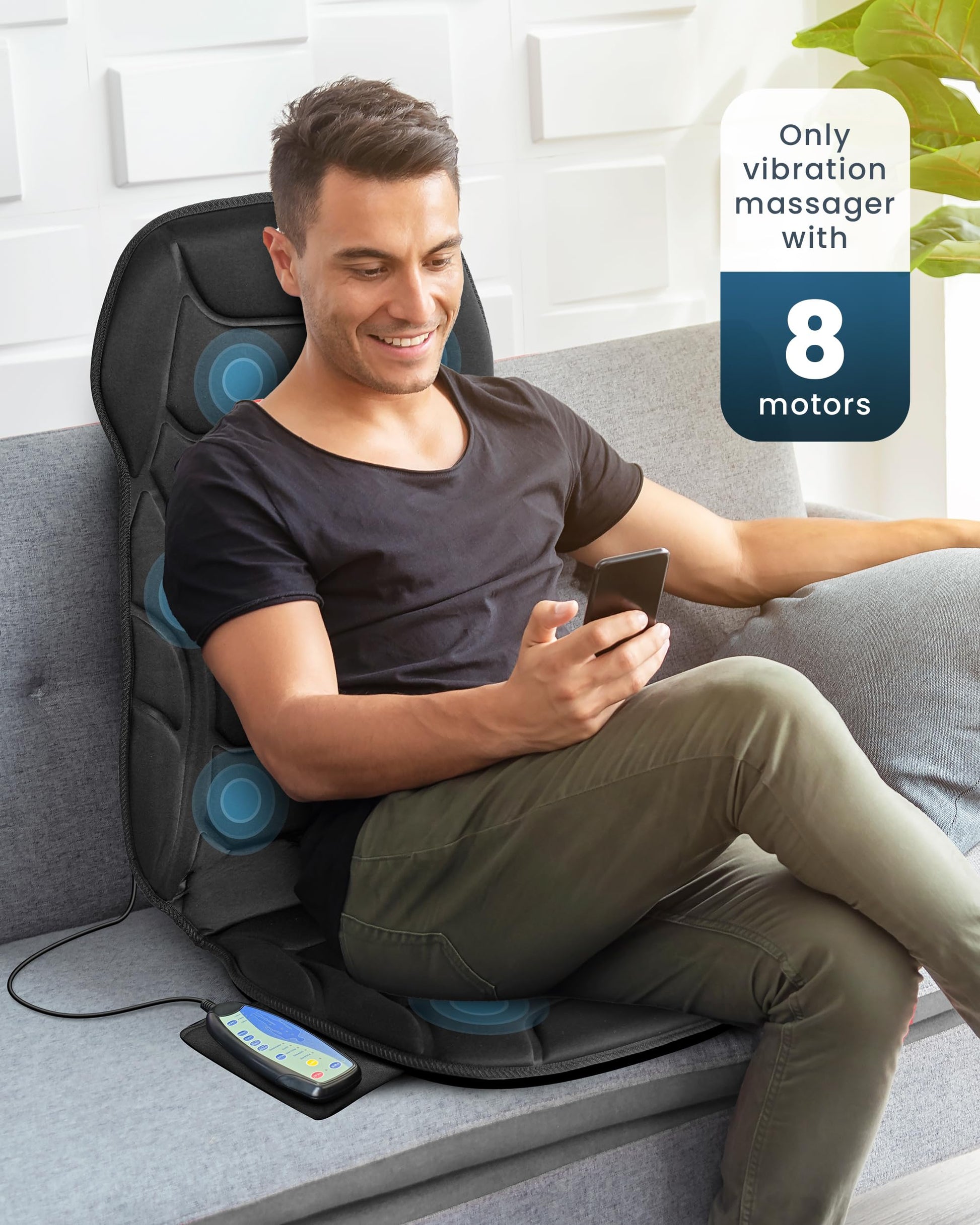 COMFIER Cojín de masaje para asiento, masajeador de espalda con 8 nodos de masaje y 5 modos, almohadilla de masaje para silla ajustable con calor para oficina en casa, almohadilla de silla con calef