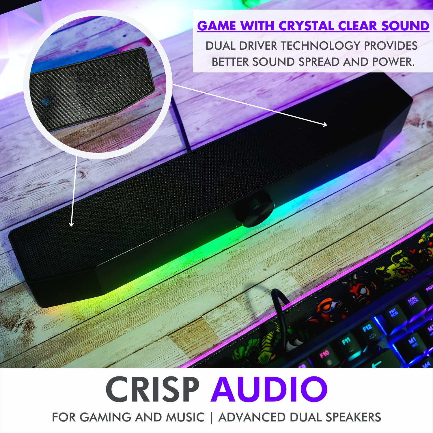 Barra de sonido para juegos Tilted Nation TNPHASER - Altavoces de computadora RGB para PC - Inalámbrico o USB - Audio nítido y LED ajustable