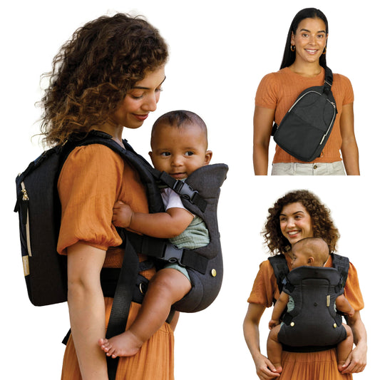 Infantino - Portabebés convertible 4 en 1 y bolsa de pañales cruzada, portabebés Grow-with-Me con bolsa de pañales cruzada, color negro y dorado, juego de 2 piezas