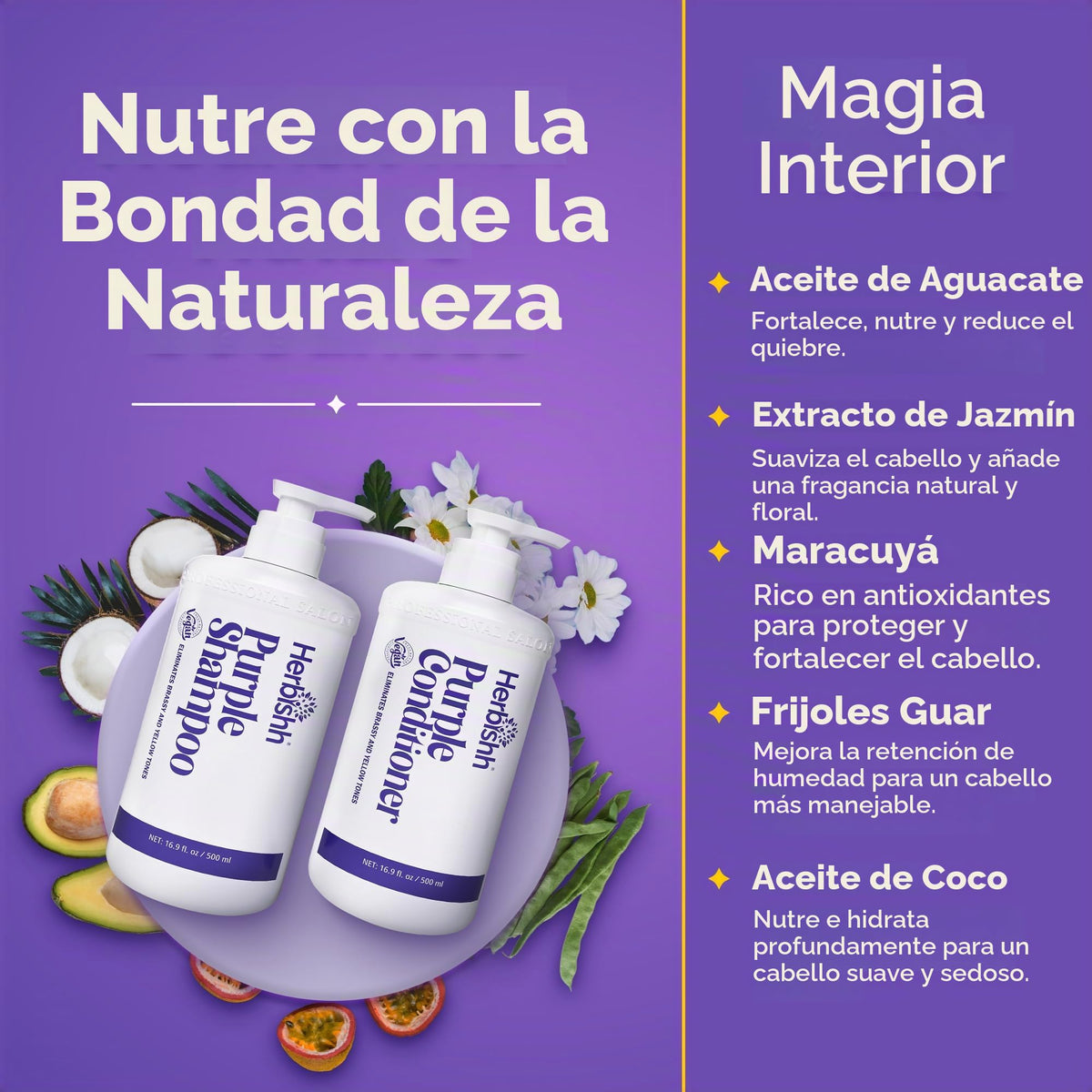 Set Shampoo y Acondicionador Morado Herbishh – Neutraliza Tonos Amarillos y Cobrizos | Para Cabello Rubio, Plateado y con Mechas | Hidratante y Nutritivo | Fórmula Vegana y Segura para el Color | 500 ml c/u