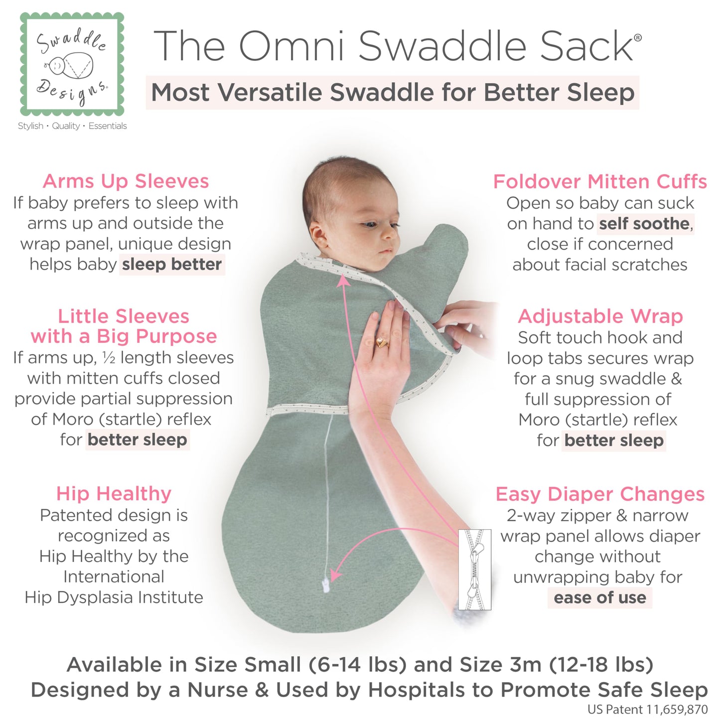 SwaddleDesigns - Saco Omni de 6 vías para recién nacido con mangas envolventes y puños de manopla, fácil transición, mejor sueño para bebés y niñas, jadeíta jaspeada, S, 0-3 meses