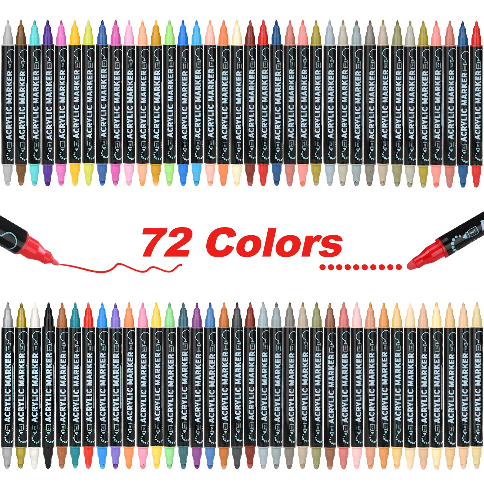 72 Colores Plumone Acrílicos Doble Punta, POVOLE Marcadores Arte Punta Fino & Punto, Resistente al Agua, No Se Desvanece, Rotuladores Colorear Madera Piedra Vidrio Plástico Metal Caucho Lienzo