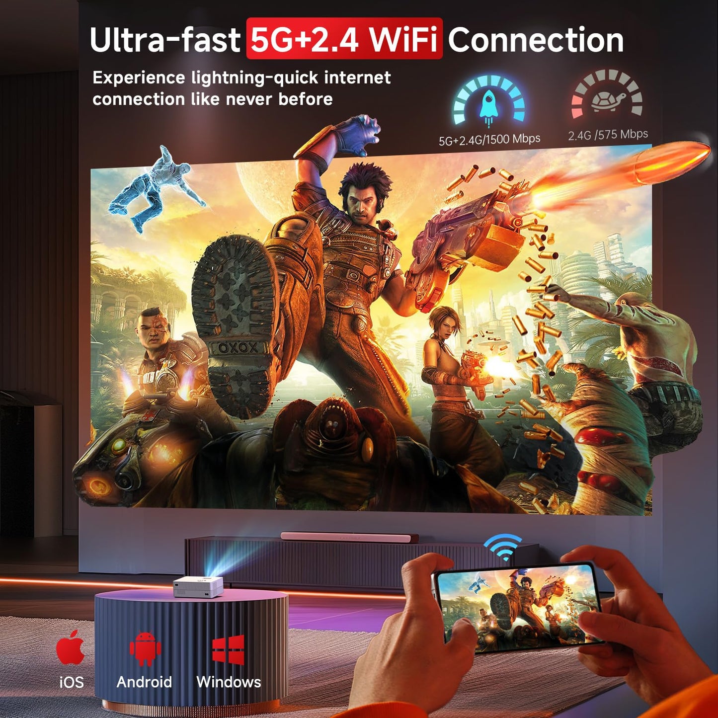 Mini Proyector Eléctrico con WiFi y Bluetooth 1080P Nativo Compatible con 4K para Cine en Casa