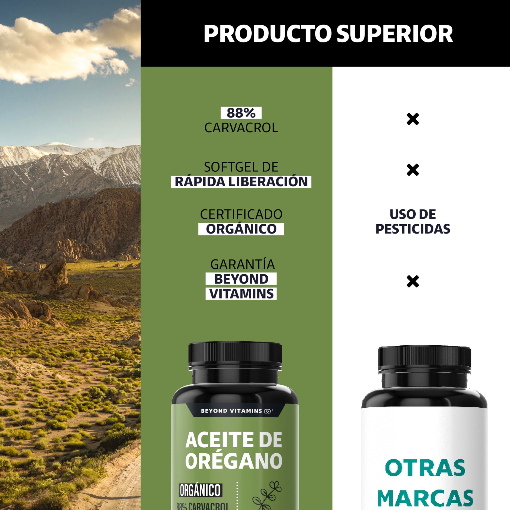 Beyond Vitamins | Aceite de Oregano Orgánico 100% Natural con 88% Carvacrol | Oil of Oregano Grado Alimenticio (180 Caps)