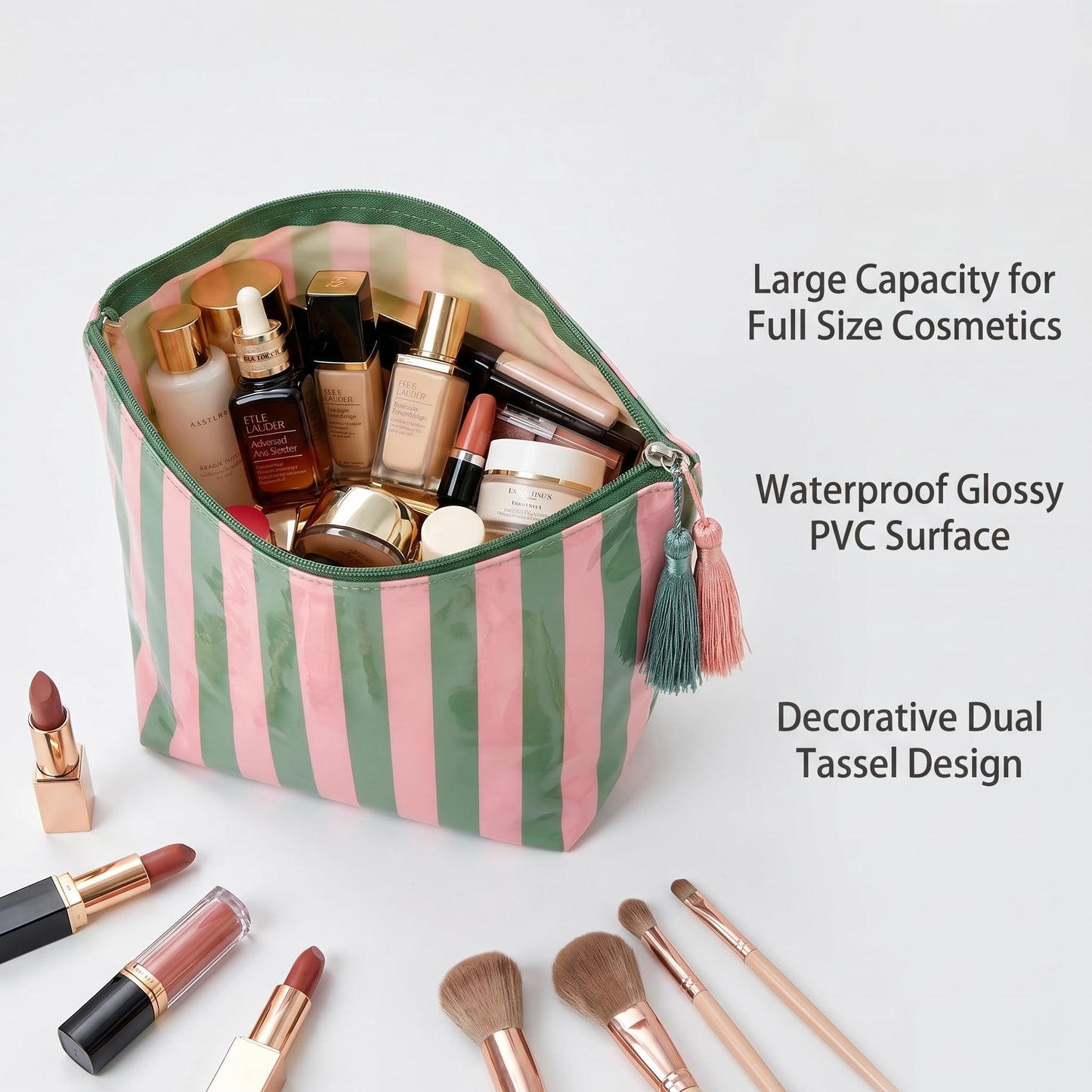 LDWZAX - Bolsa de maquillaje a rayas: bolsa impermeable para cosméticos con cierre, organizador de artículos de cambiador de viaje grande, lona y bolsa de PVC transparente para azulejos Mahjong (rosa