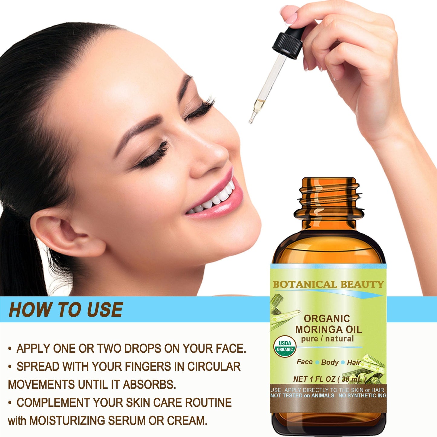MORINGA OIL CERTIFIED ORGANIC. 100% Pure / Natural / Undiluted. 1 Fl.oz.- 30 ml. For Skin, Hair, Lip and Nail Care. by Botanical Beauty