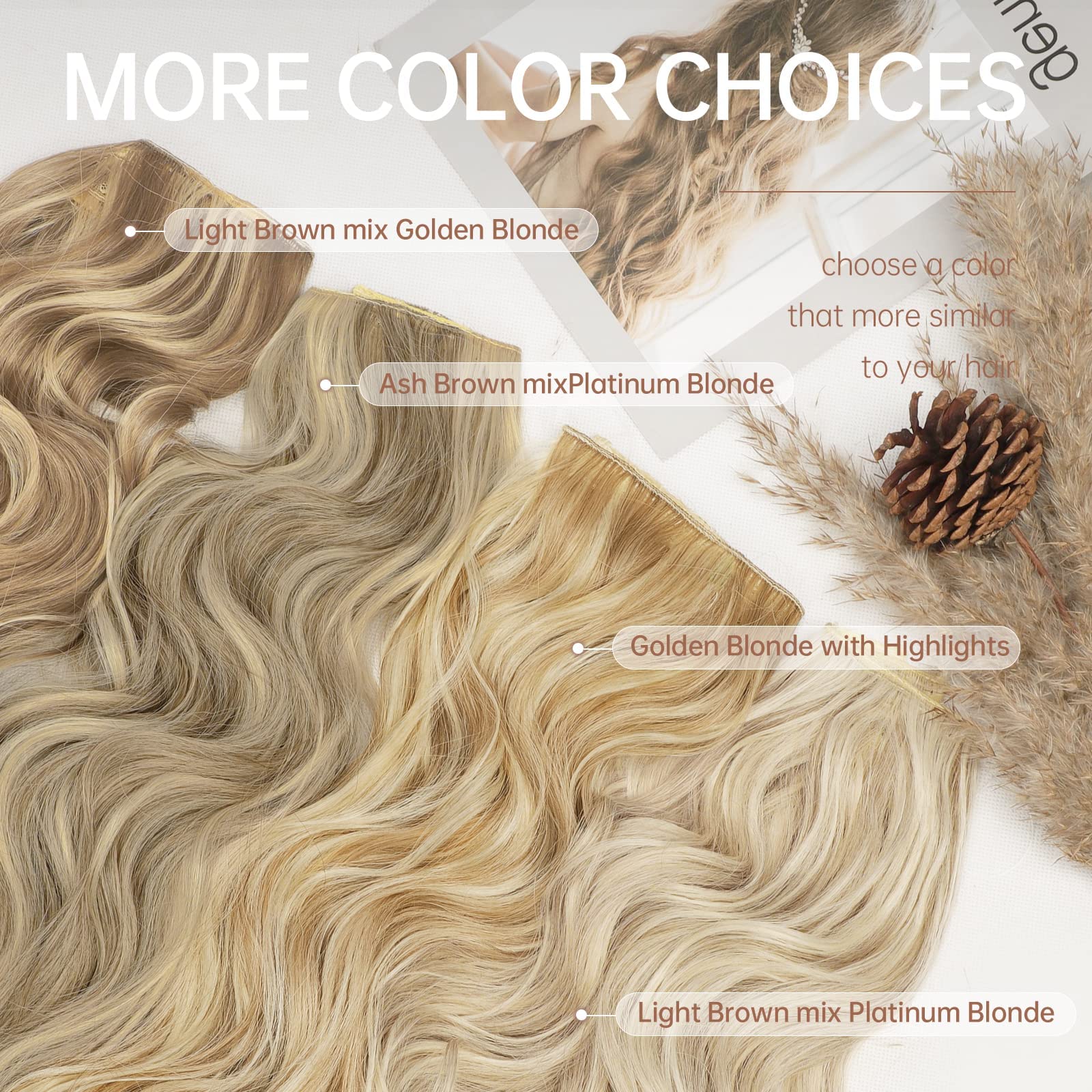 Slzhds Extensiones de Cabello Natural Ondulado, Extensión de Liga, Extensiones de Cabello Ondulado, Extensiones Halo con Diadema Invisible, 3/4 Cabeza Completa Ondulada Extensiones Cabello con Clip Seguros Extraíbles, Tamaño Ajustable, Resistente al Calor