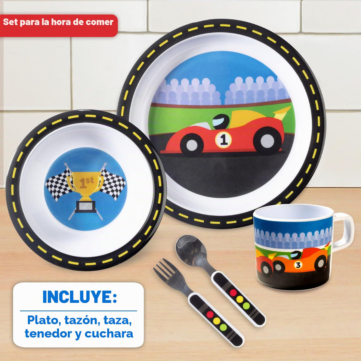 Juego de 5 piezas de alimentación para niños y niños pequeños – Coche de carreras – Incluye plato, taza, tenedor y cuchara, cubiertos – Duradero, apto para lavaplatos, última intervensión de BPA