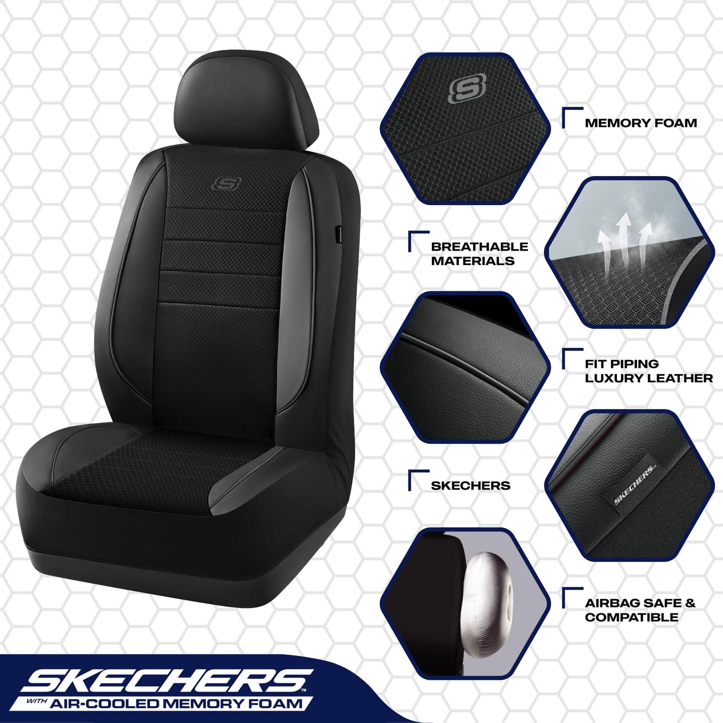 Skechers Memory Foam - Fundas protectoras de asiento de piel, malla Air Cool, gruesas, para dos asientos frontales, compatibles con bolsas de aire, cómodas, para la mayoría de vehículos, negro